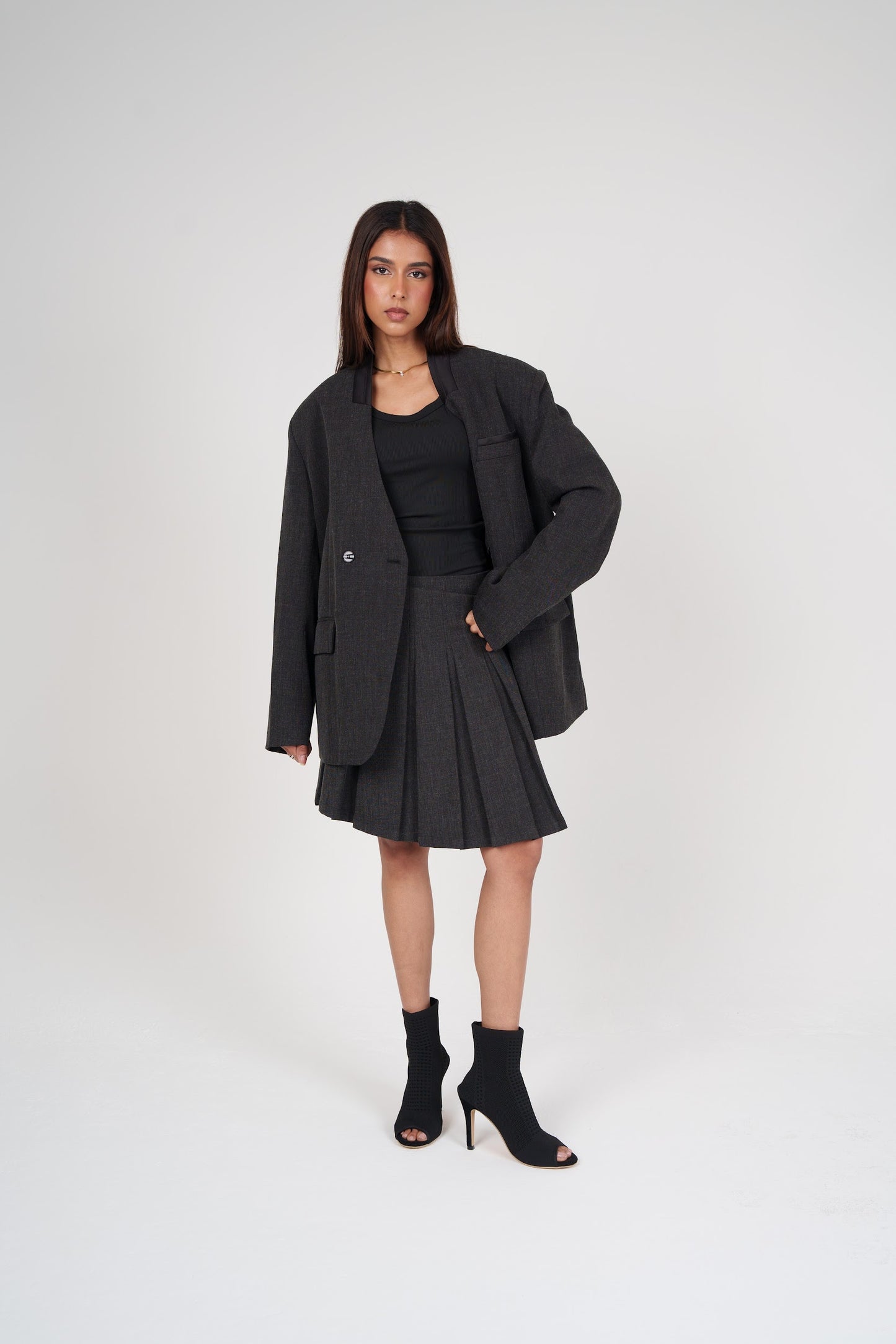 Dark Grey Pleated Skirt & Blazer Set