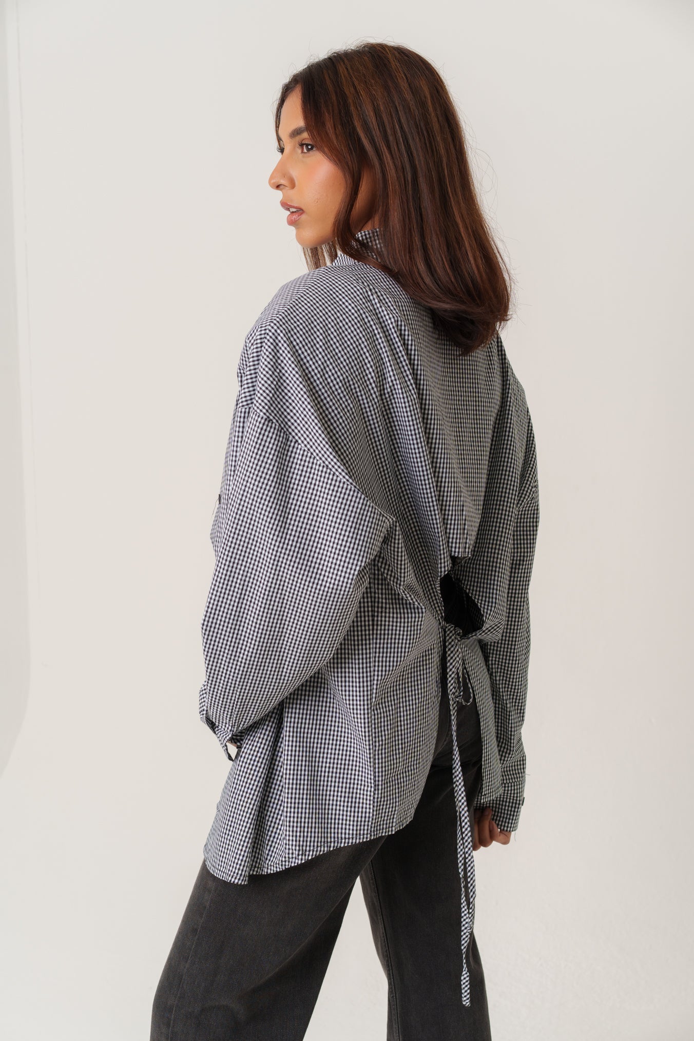 Plaid Padded Shirt with Open Back