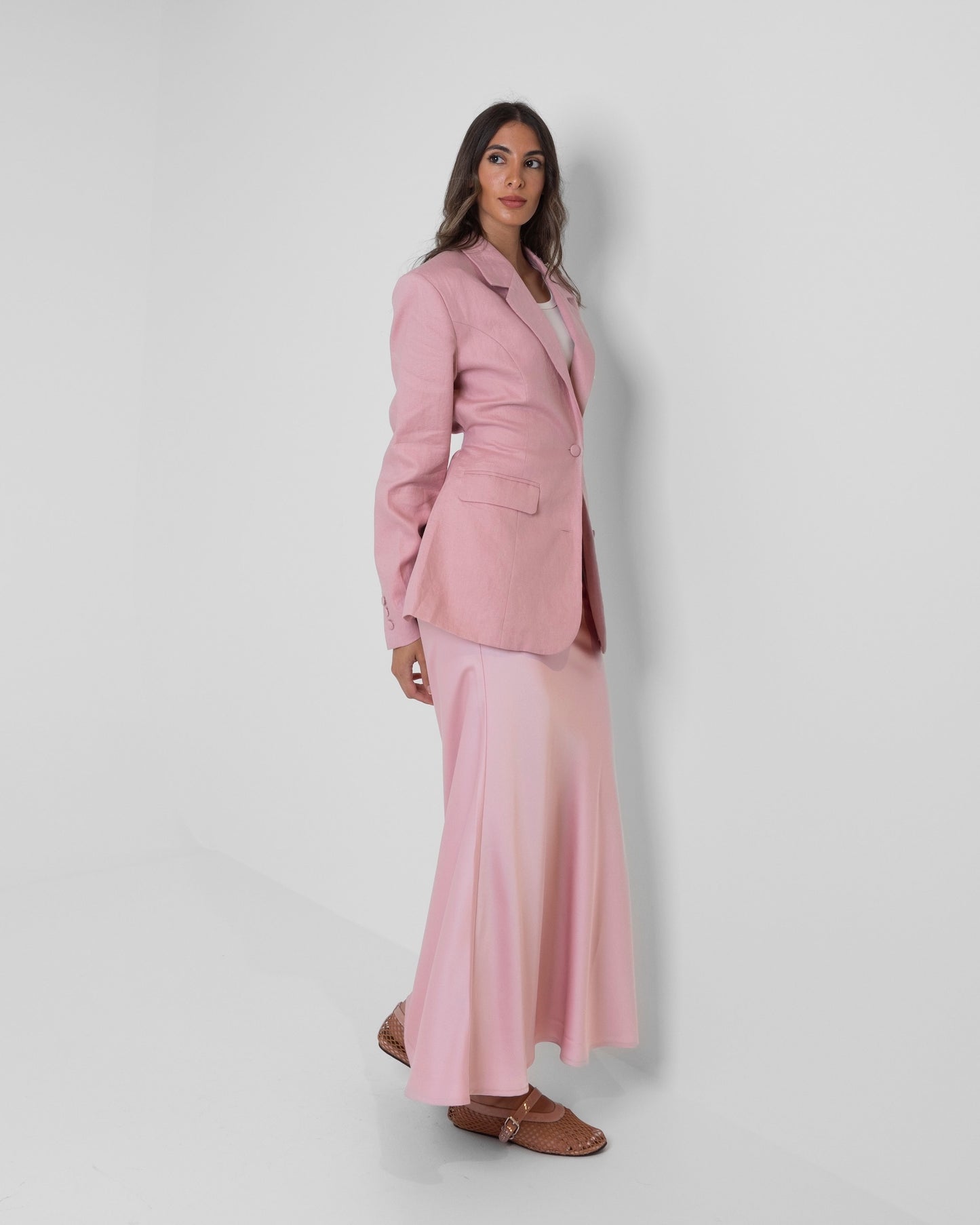 Pink Blazer & Silk Skirt Set