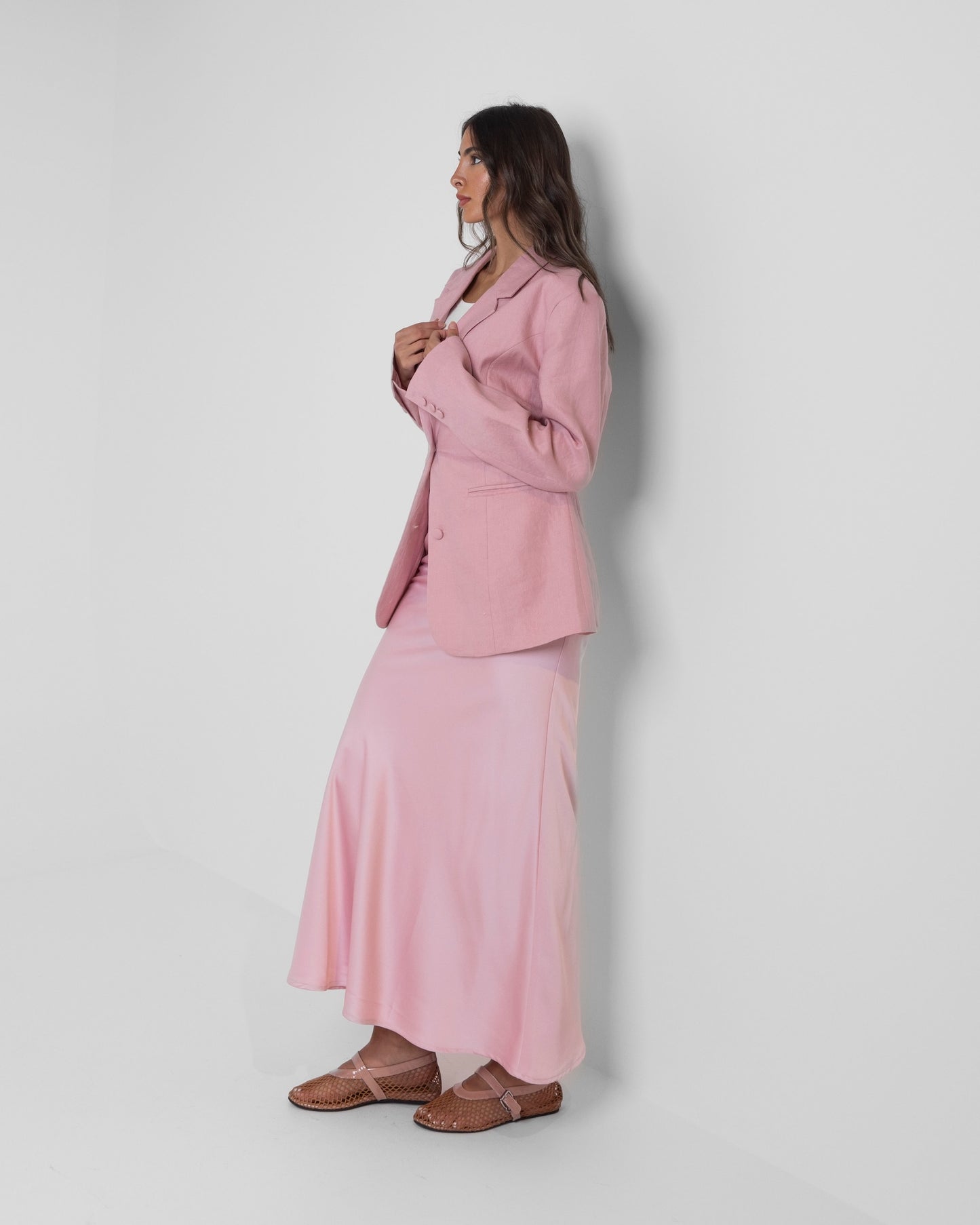 Pink Blazer & Silk Skirt Set
