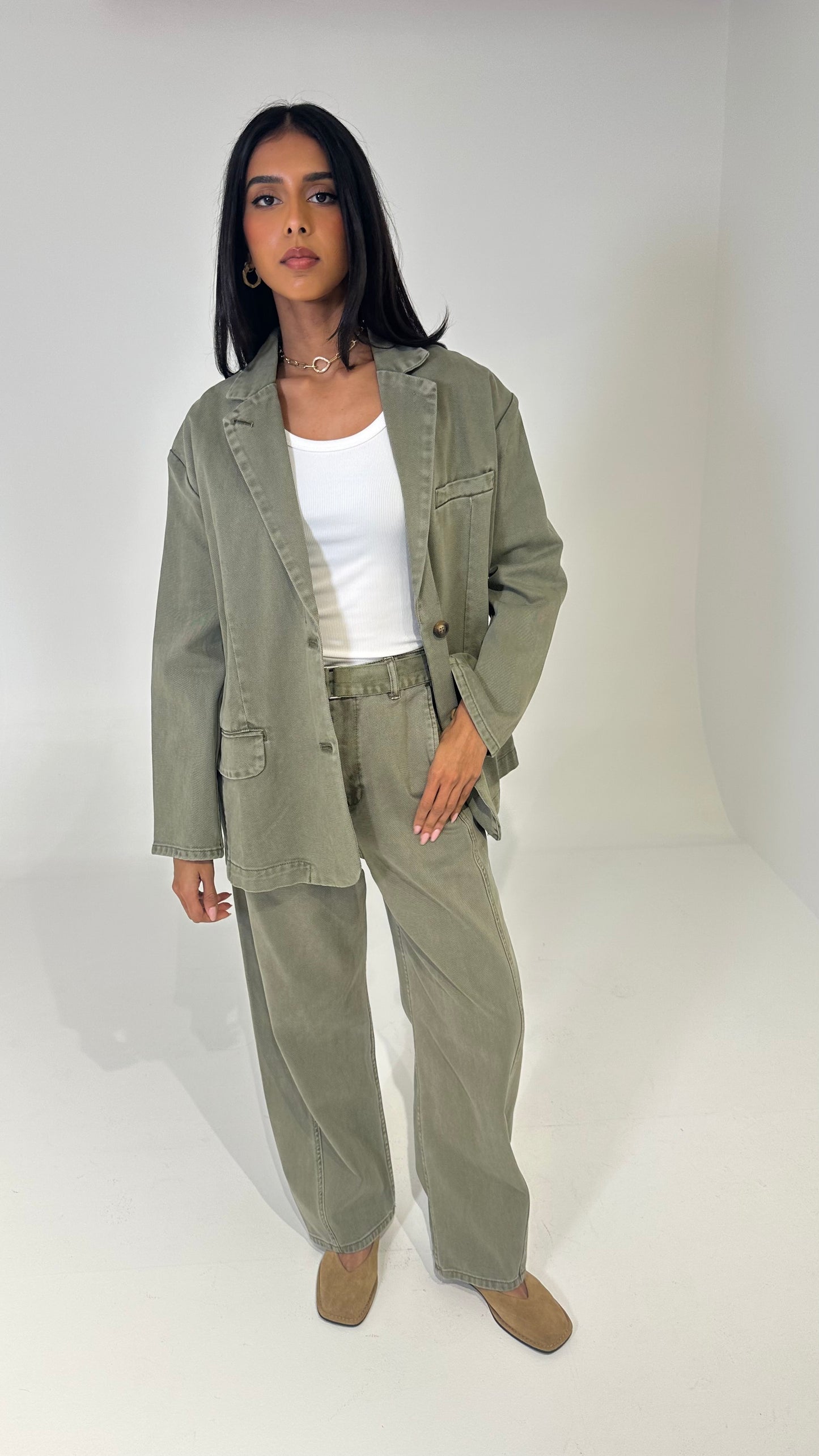 Olive Denim Blazer Set