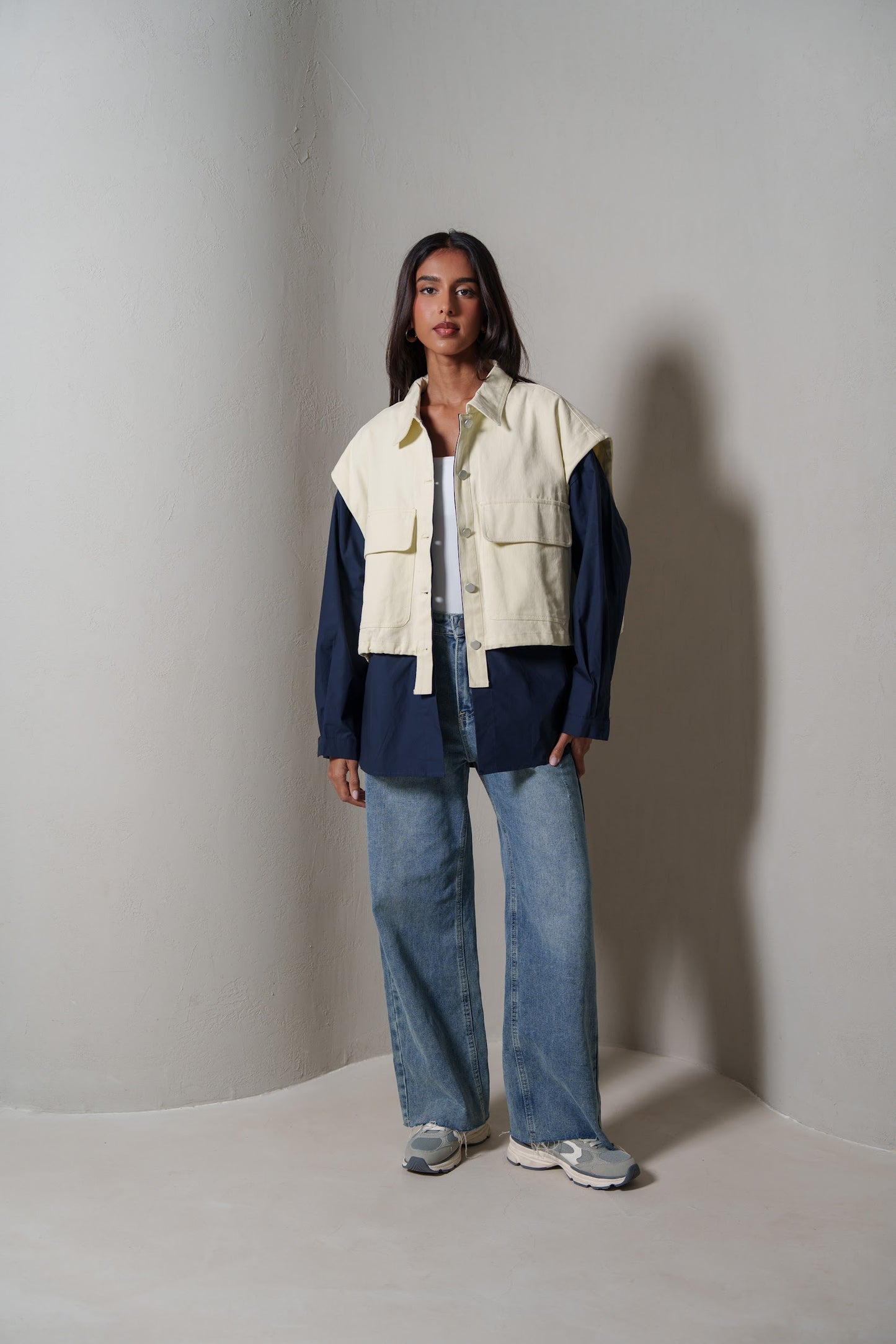 Navy & Pastel Yellow Colorblock Utility Jacket