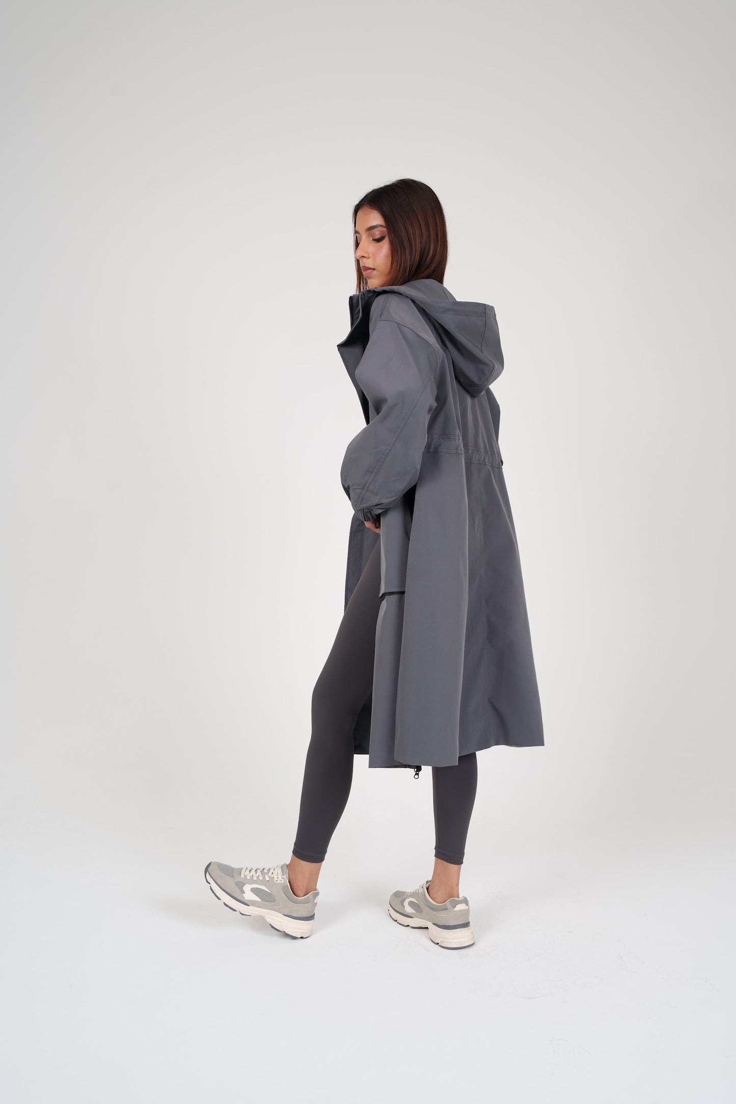 Long Grey Hooded Jacket with Pockets