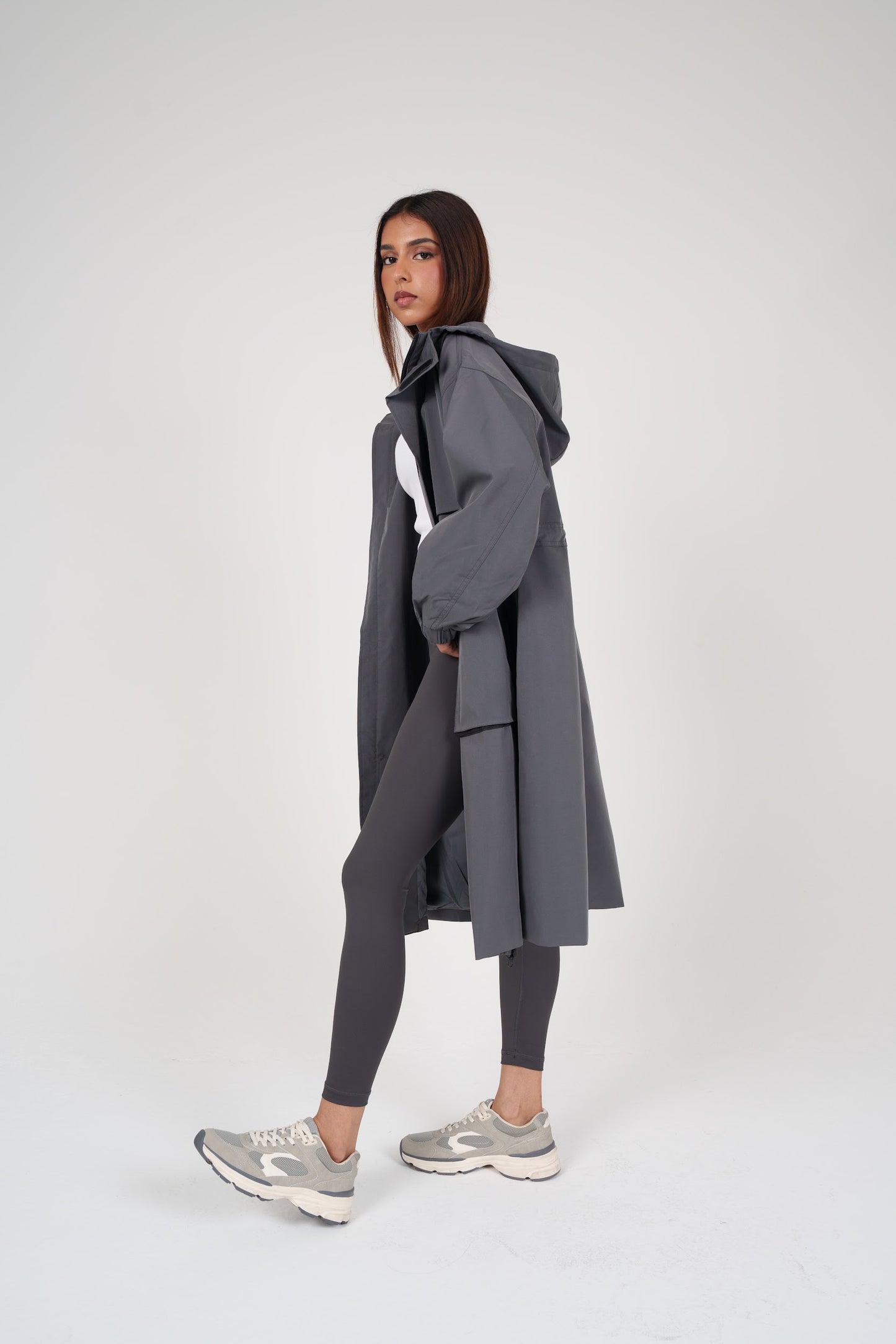 Long Grey Hooded Jacket with Pockets
