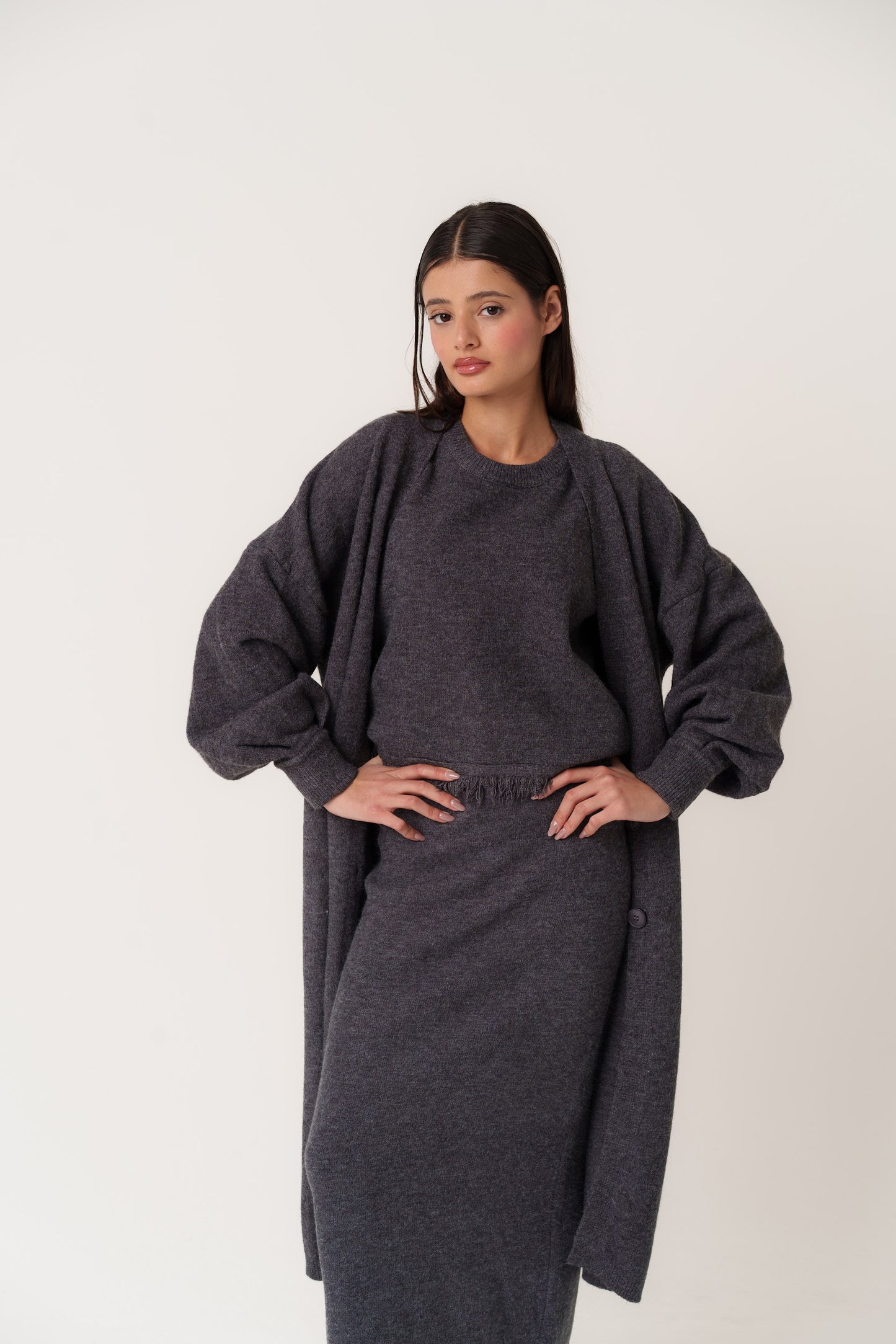 3 Piece Skirt Knit Set with Fringed Top