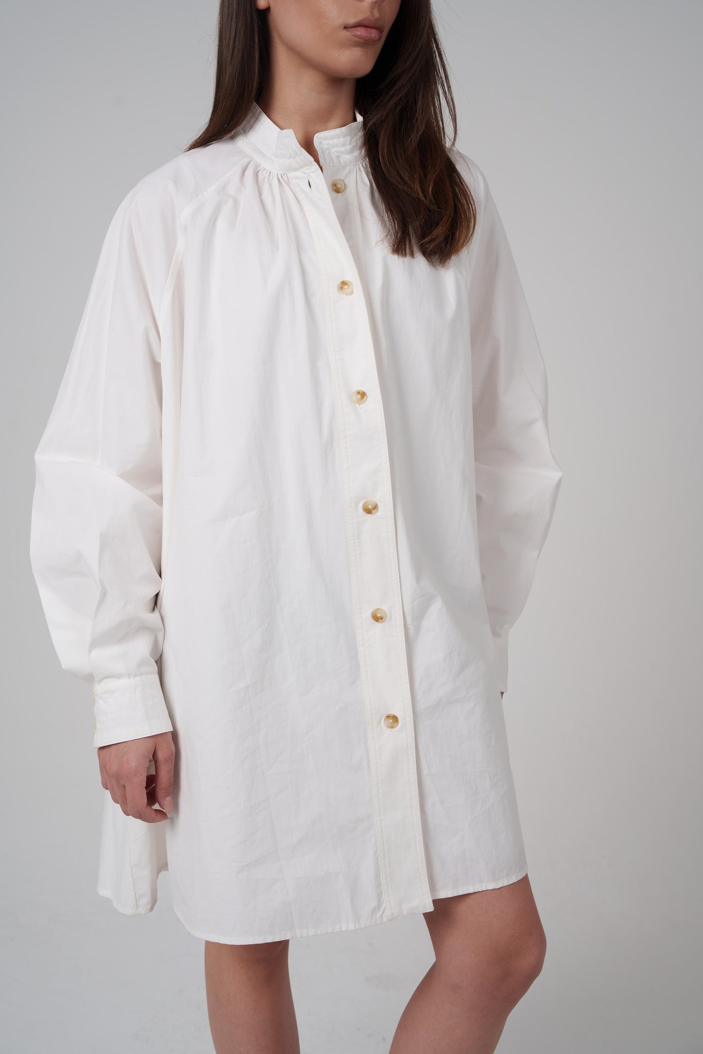 White Balloon-Sleeve Shirt Dress