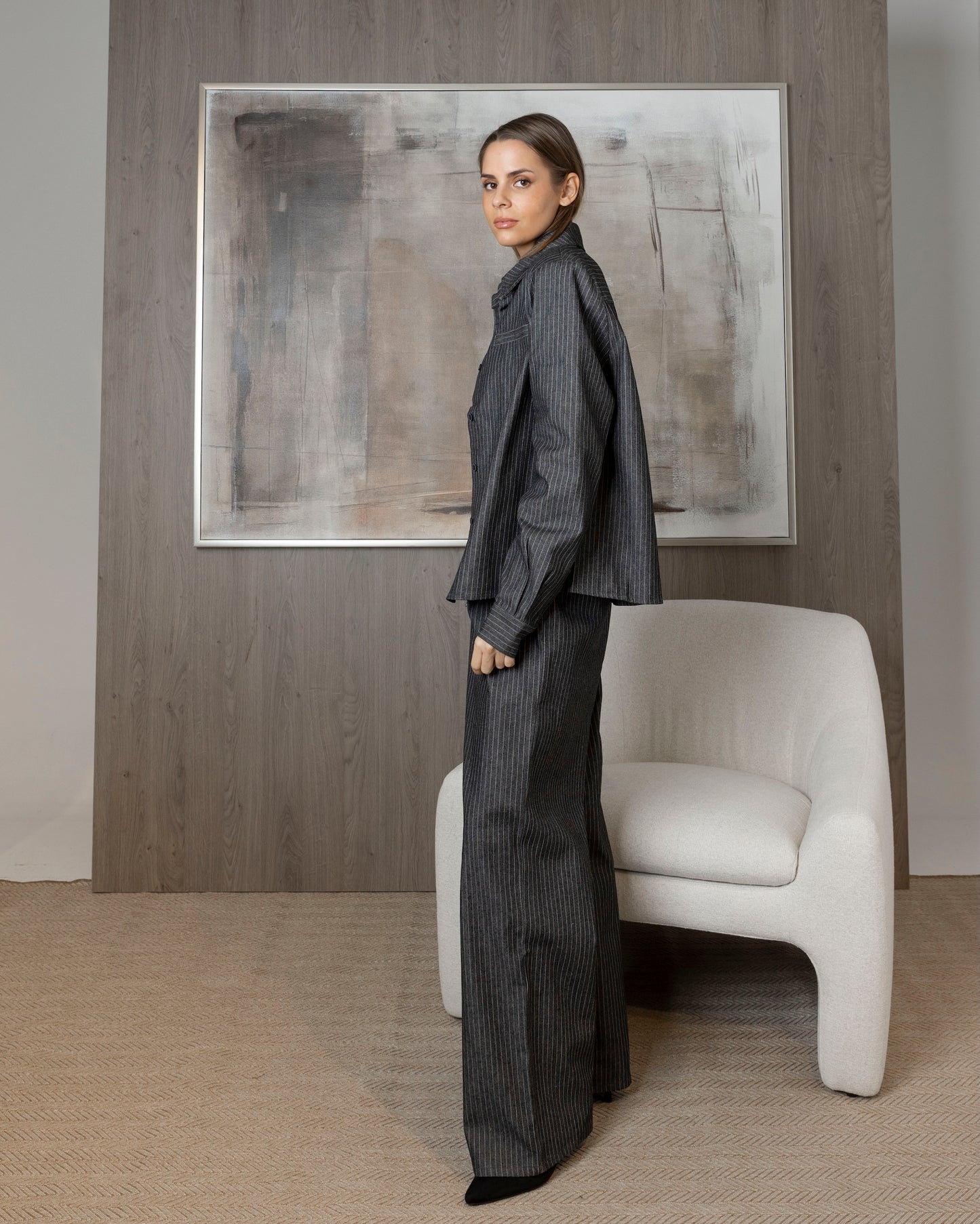 Grey Pinstriped Shirt Set