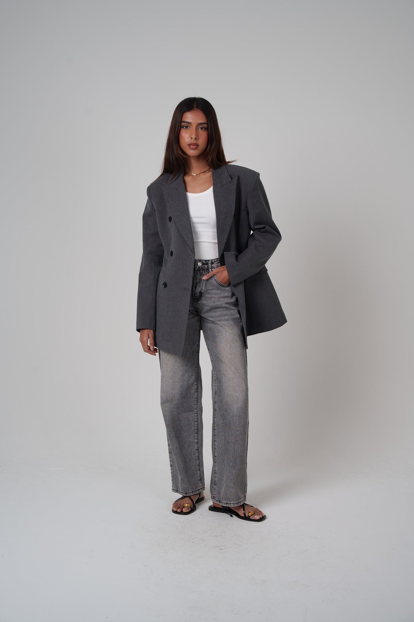 Dark Grey Oversized Double-Breasted Blazer
