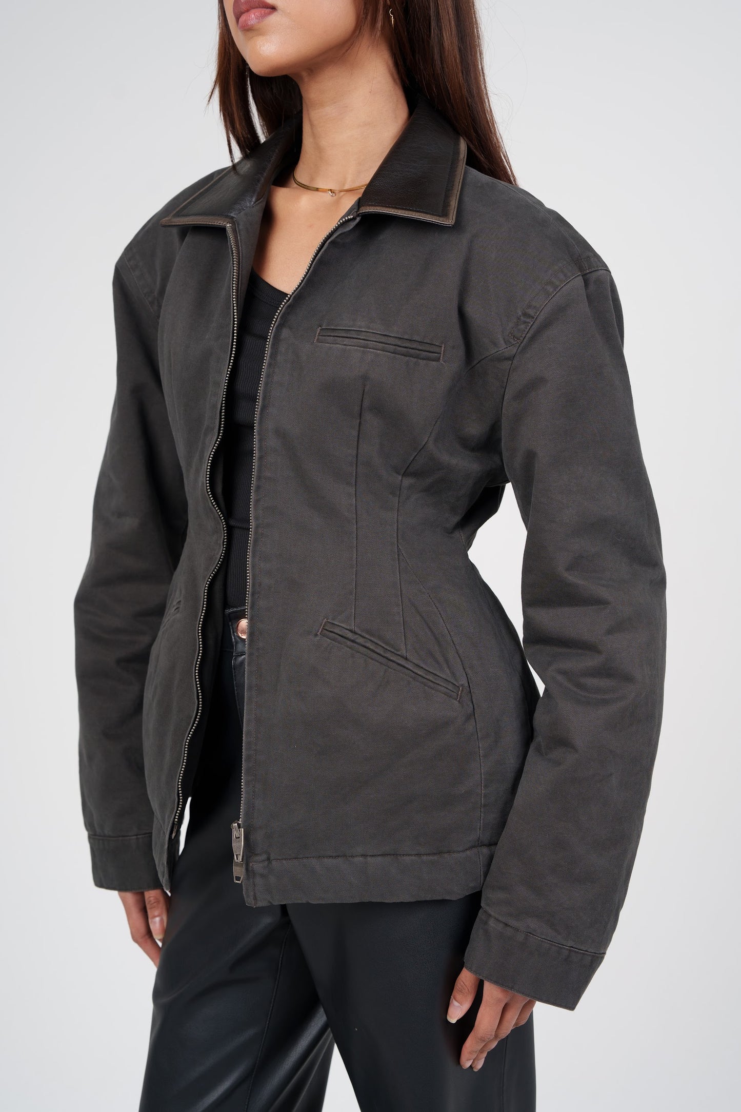 Double Zipper Cinched Denim Jacket