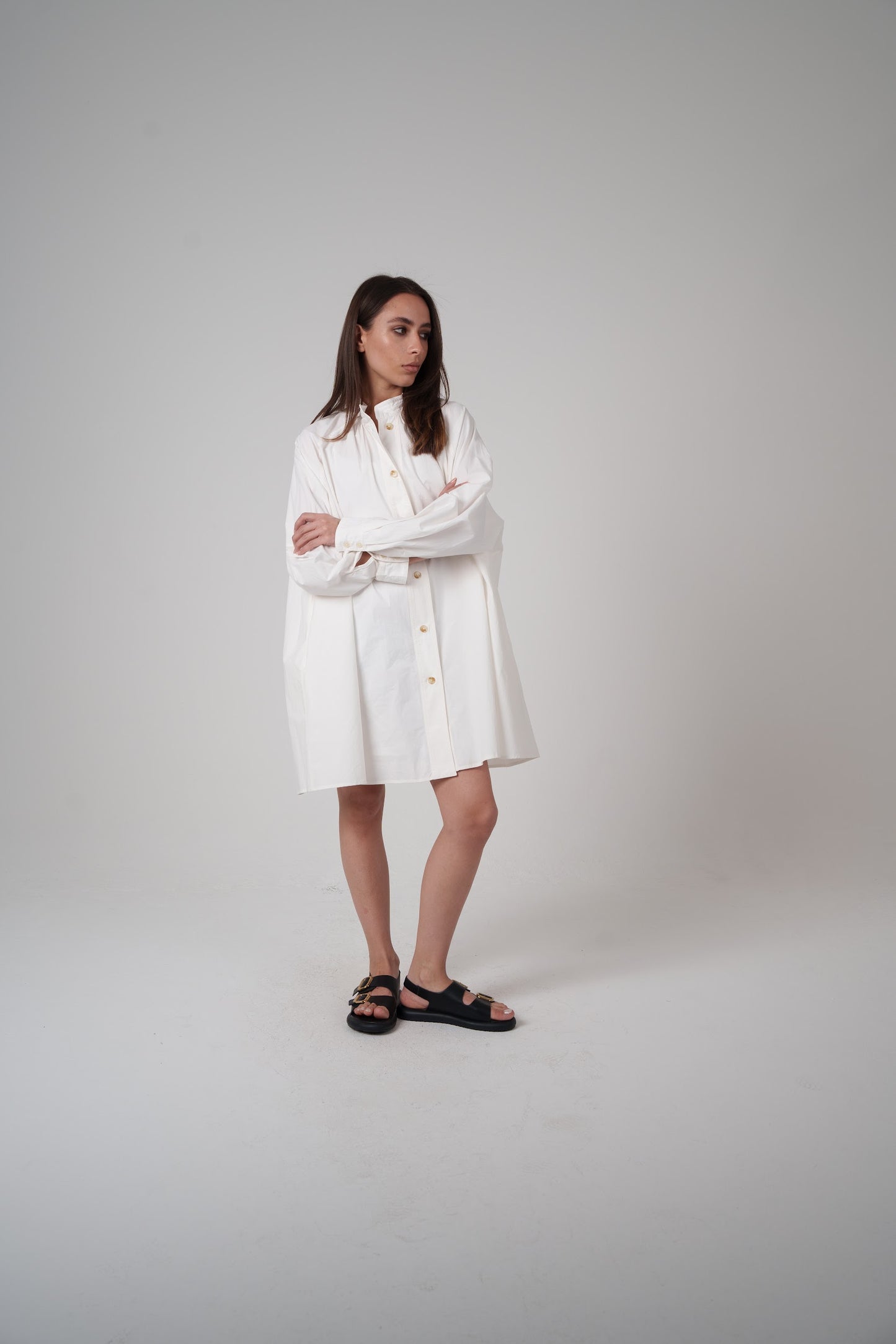 White Balloon-Sleeve Shirt Dress