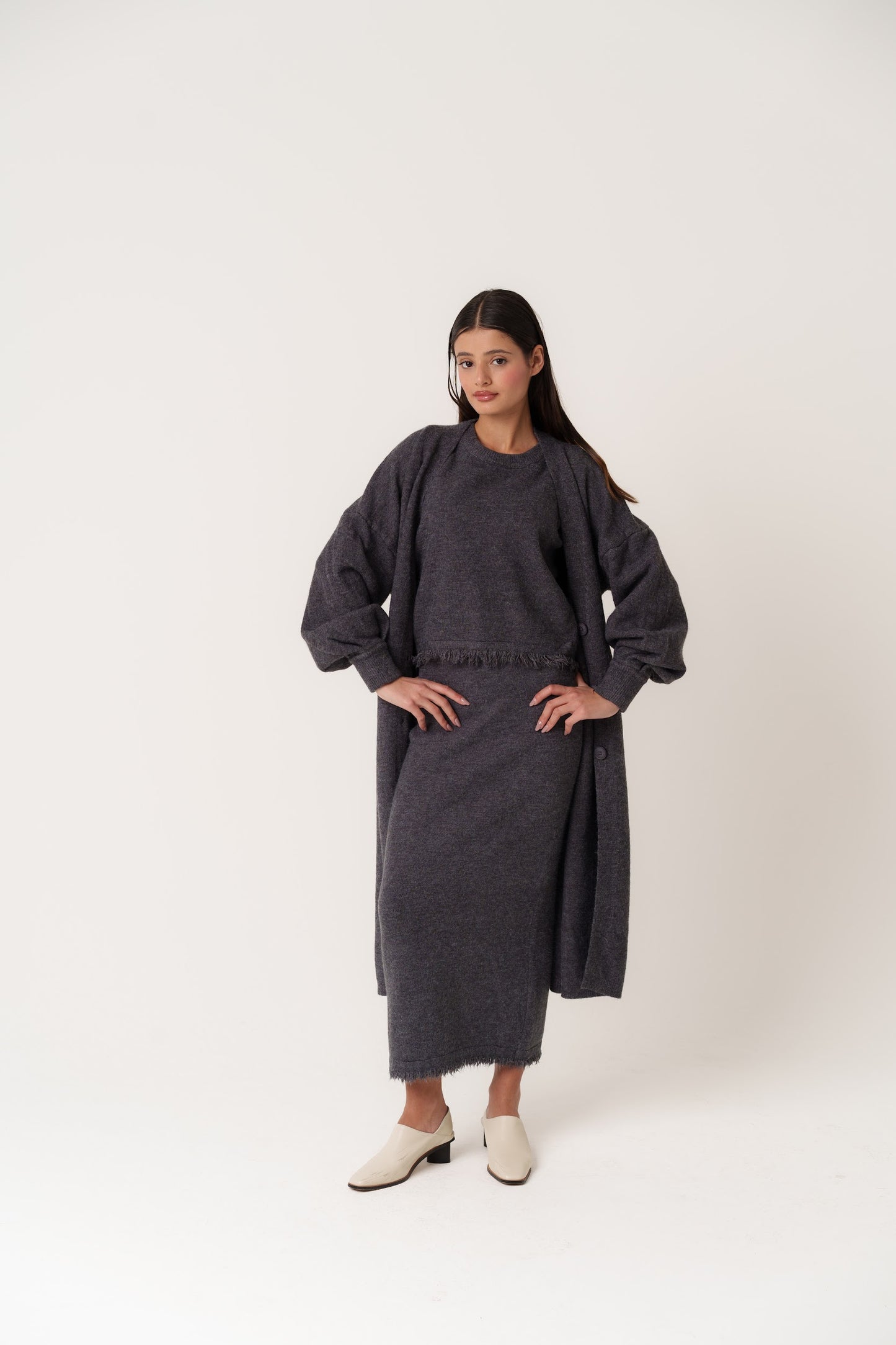 3 Piece Skirt Knit Set with Fringed Top