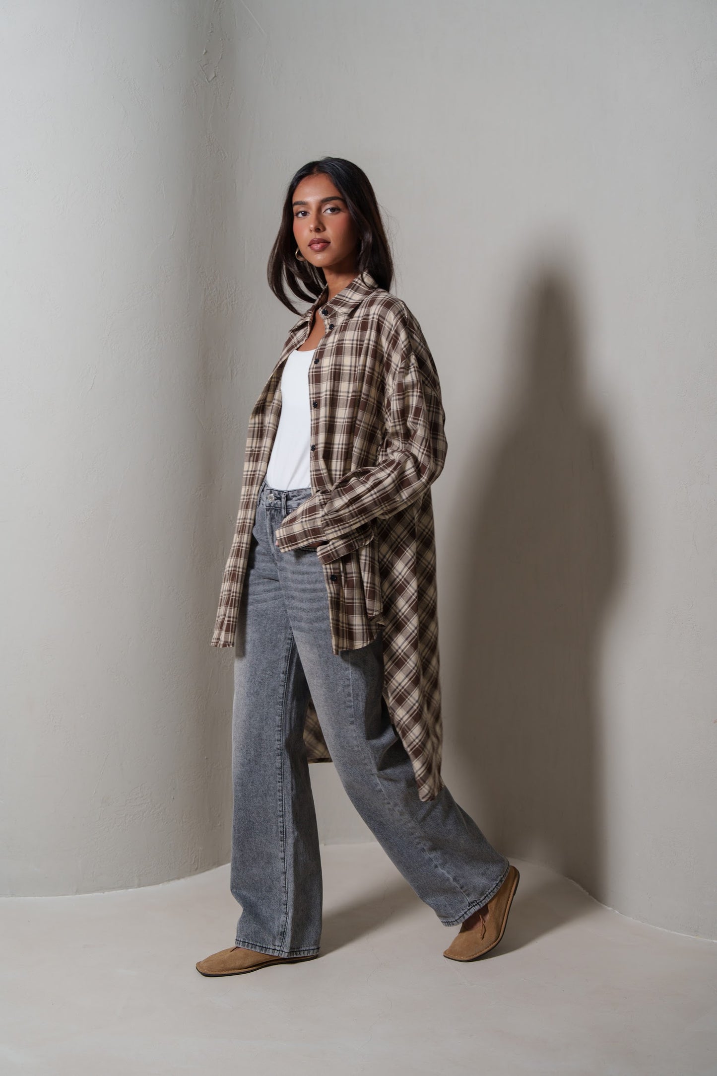Brown Plaid Asymmetrical Shirt