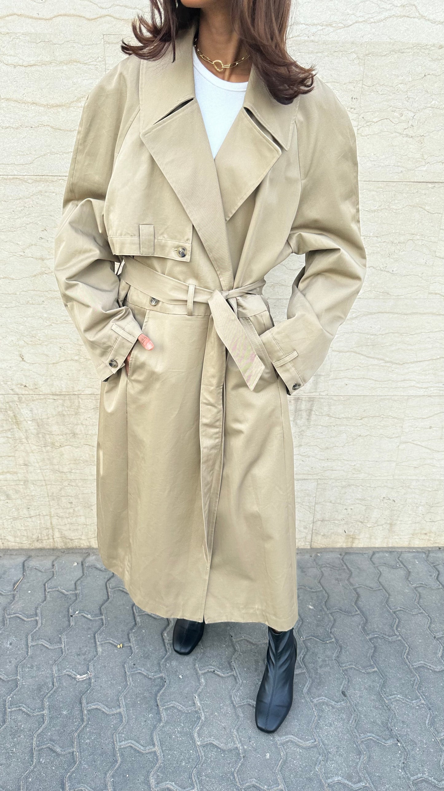 Dark Beige Trench with Plaid Lining