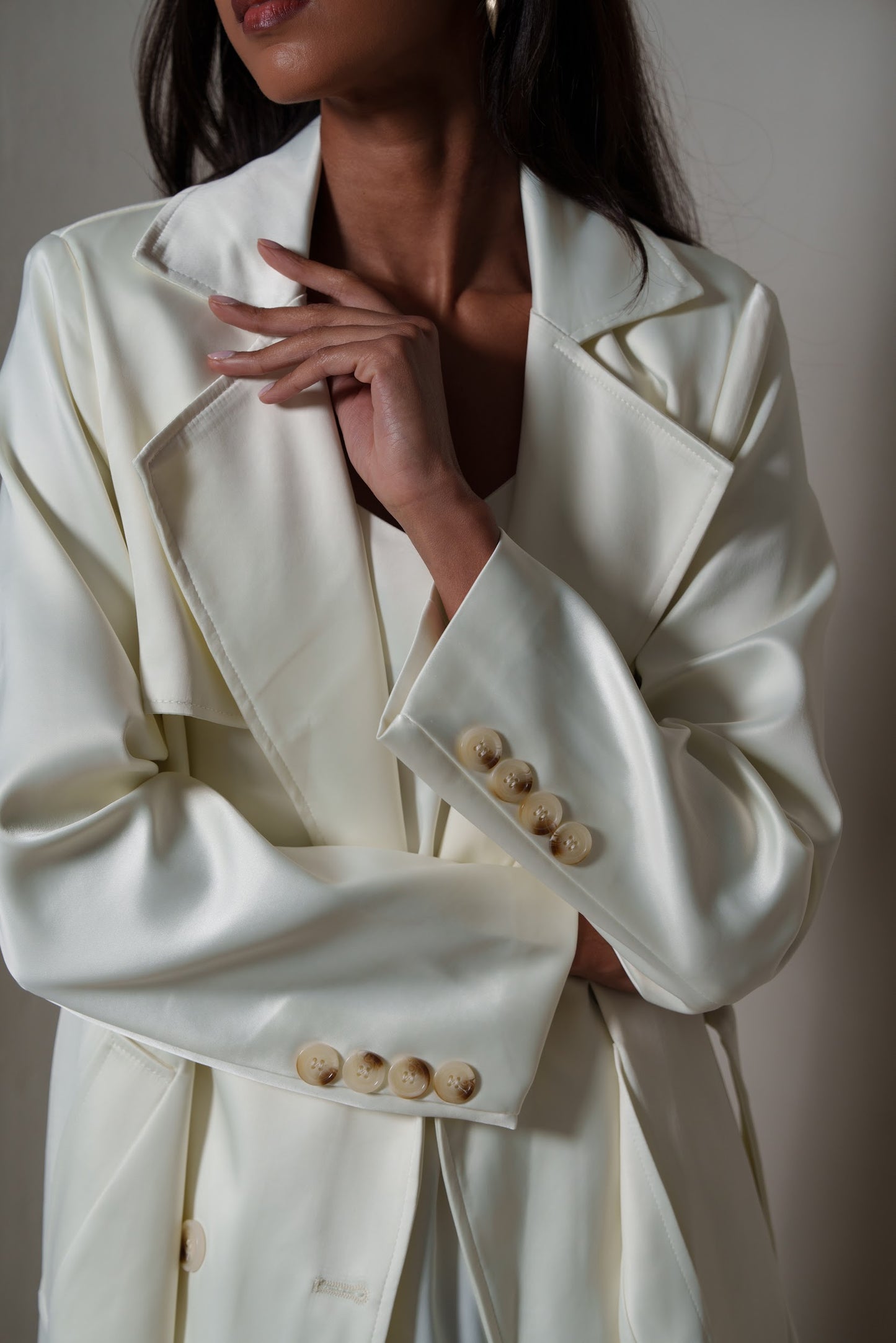 Crème Silk Long Blazer/Trench Set