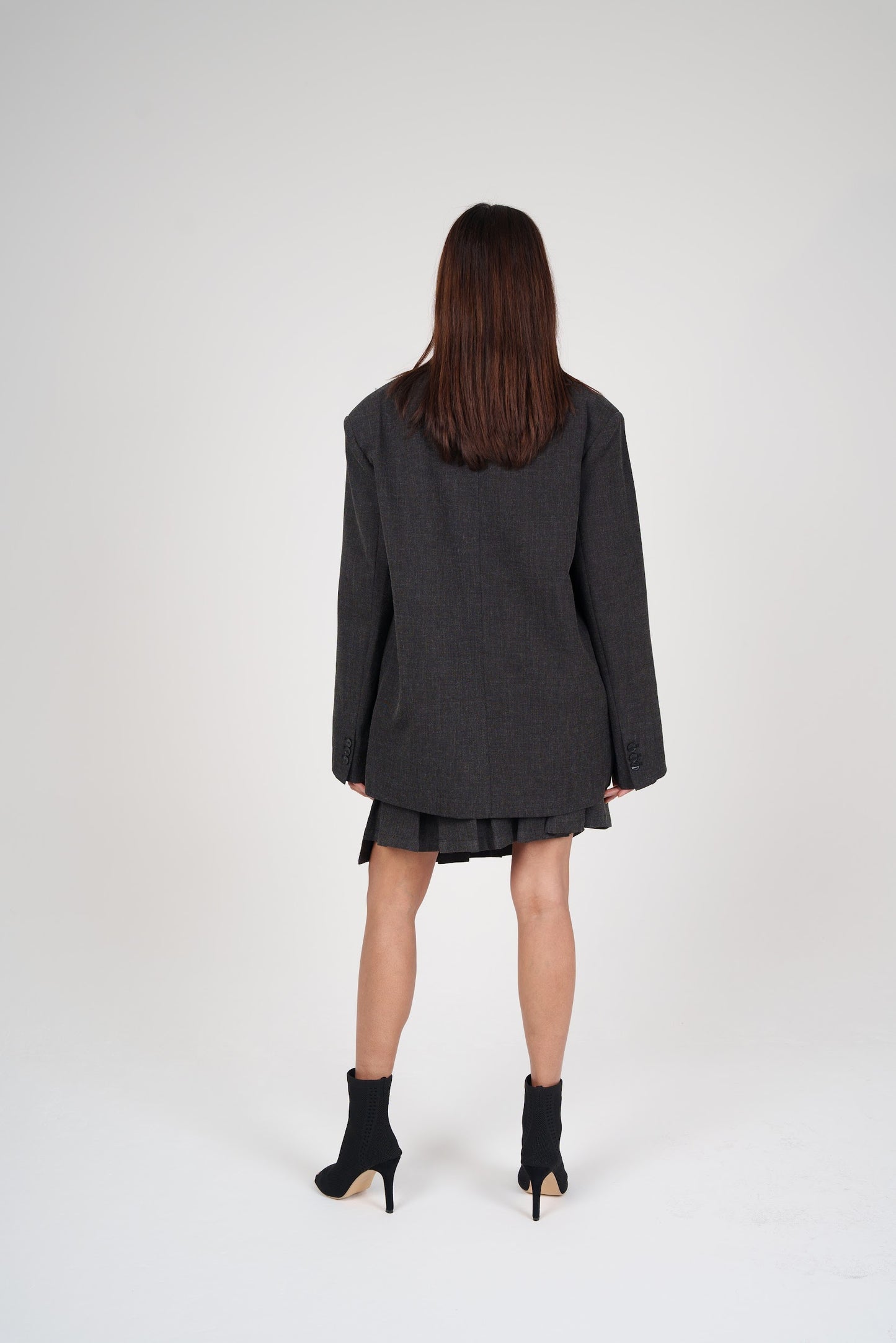 Dark Grey Pleated Skirt & Blazer Set