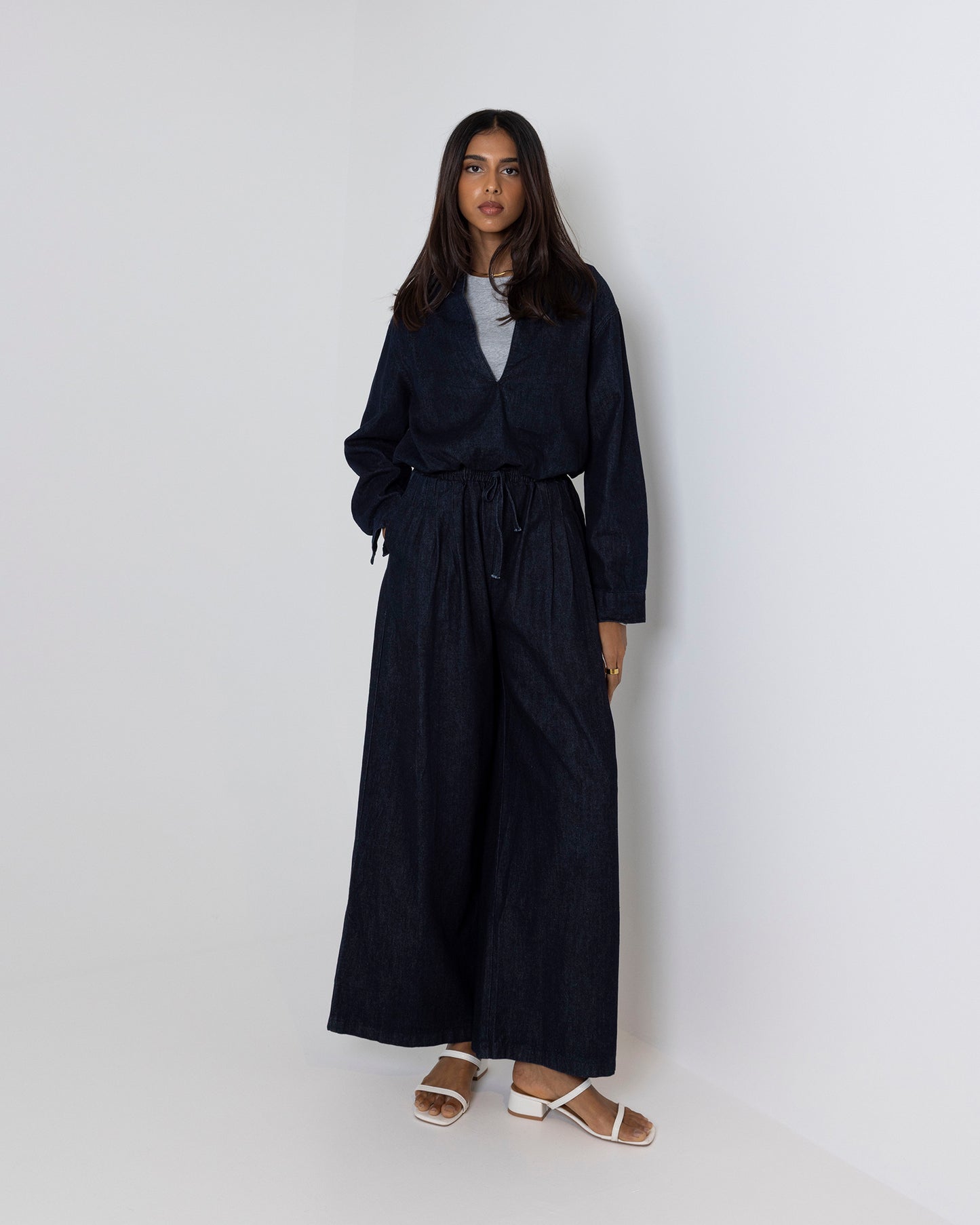 Dark Denim Wide Pant & Cropped Top Set