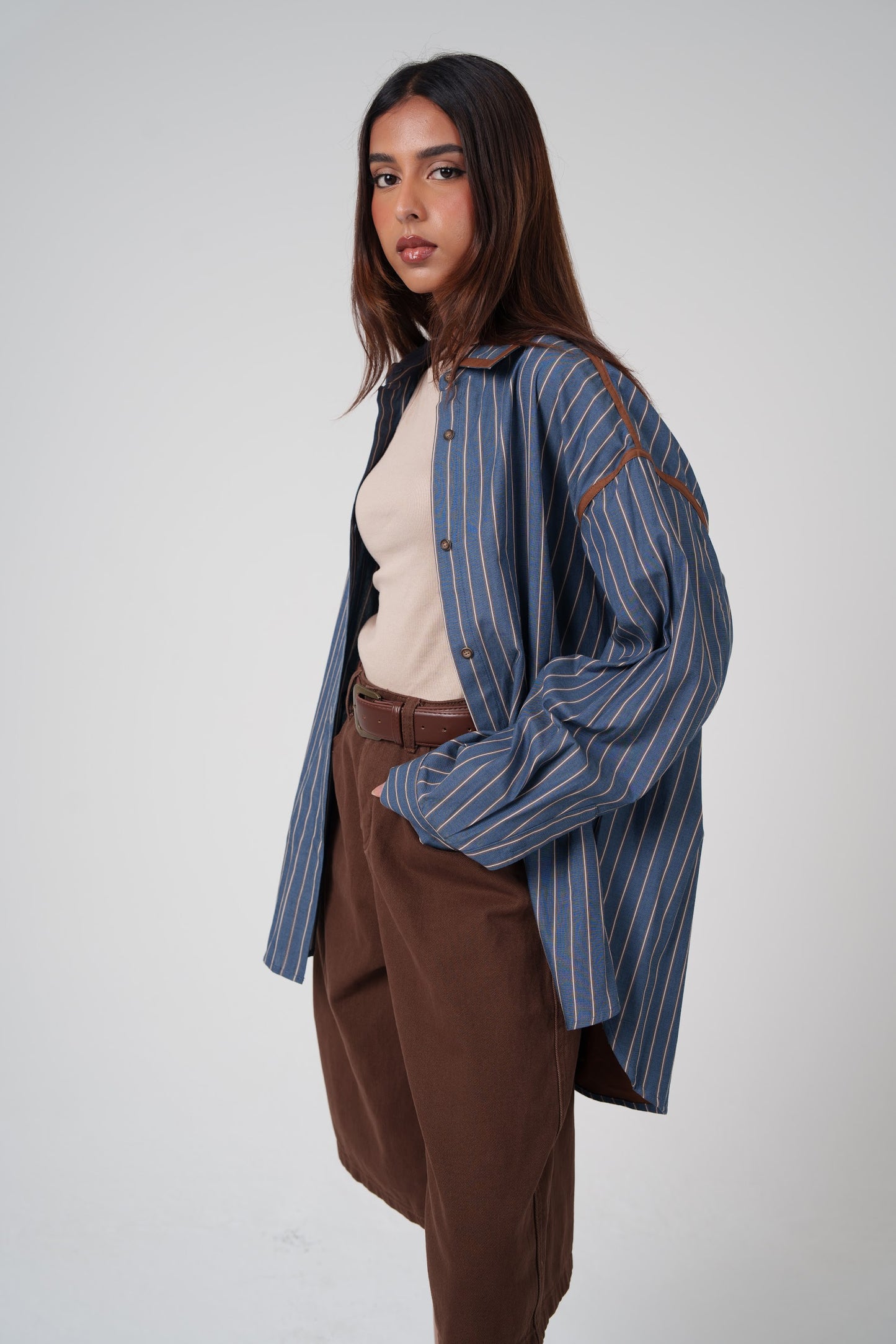 Brown & Navy Striped Collar Shirt