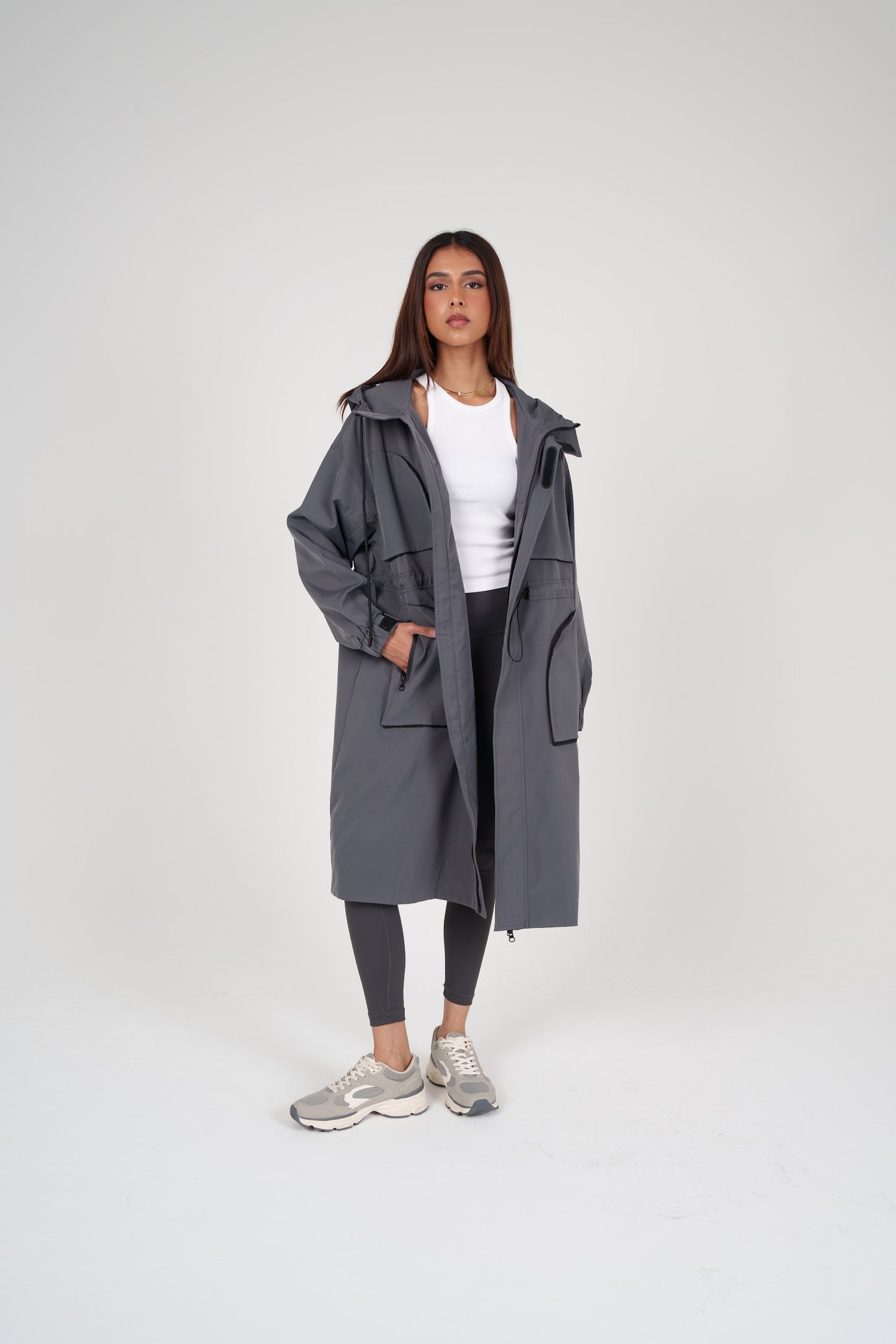 Long Grey Hooded Jacket with Pockets