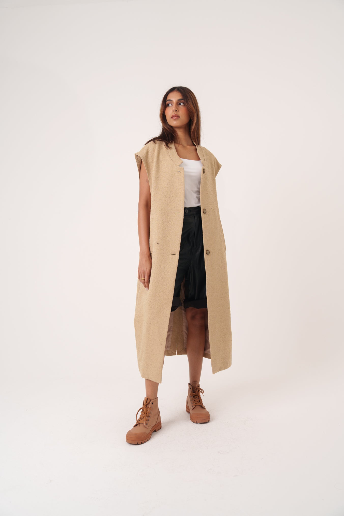 Beige Wool Oversized Long Vest