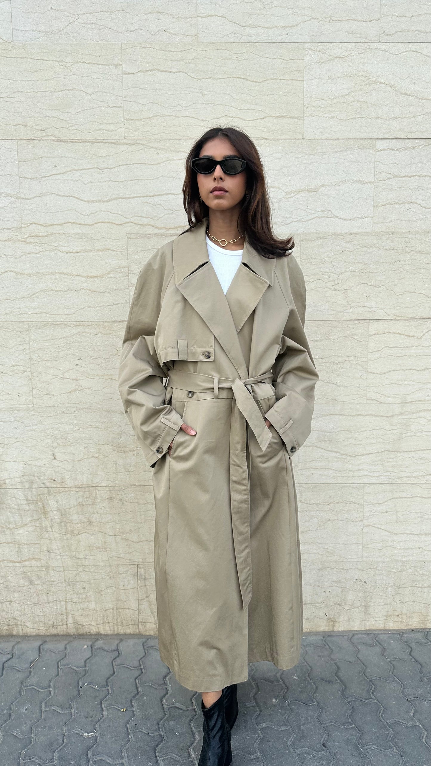 Dark Beige Trench with Plaid Lining