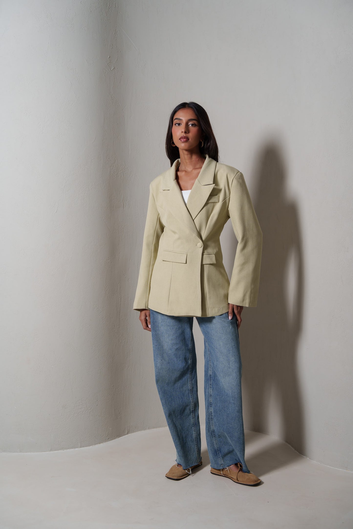 Beige Waisted Double Buttoned Blazer