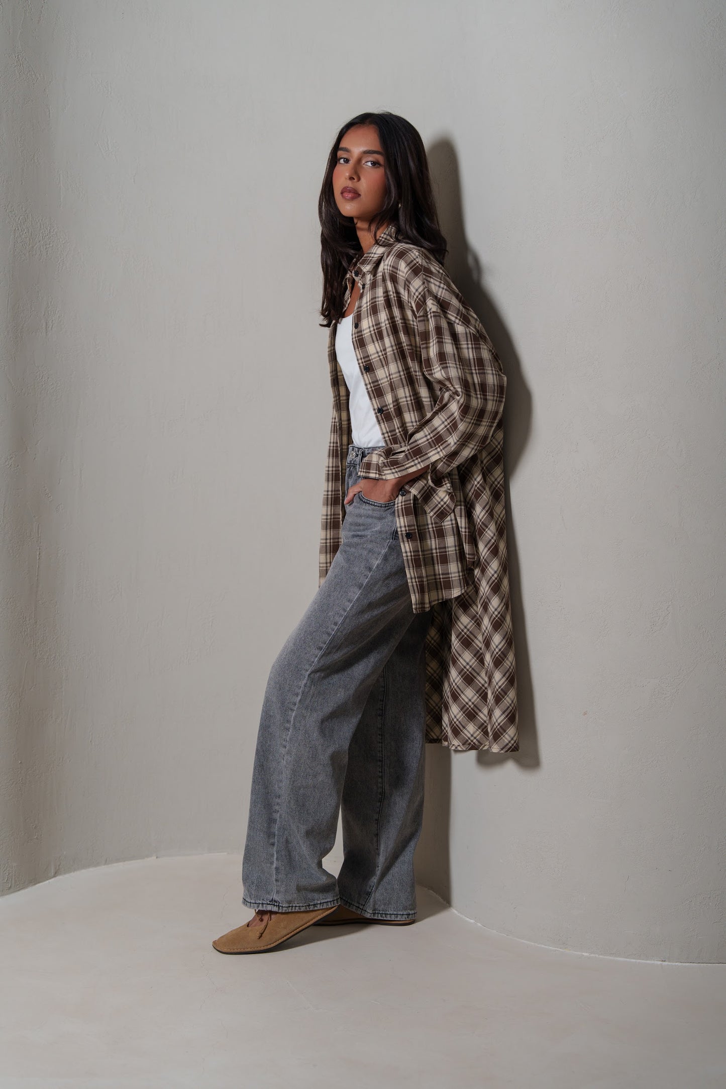 Brown Plaid Asymmetrical Shirt