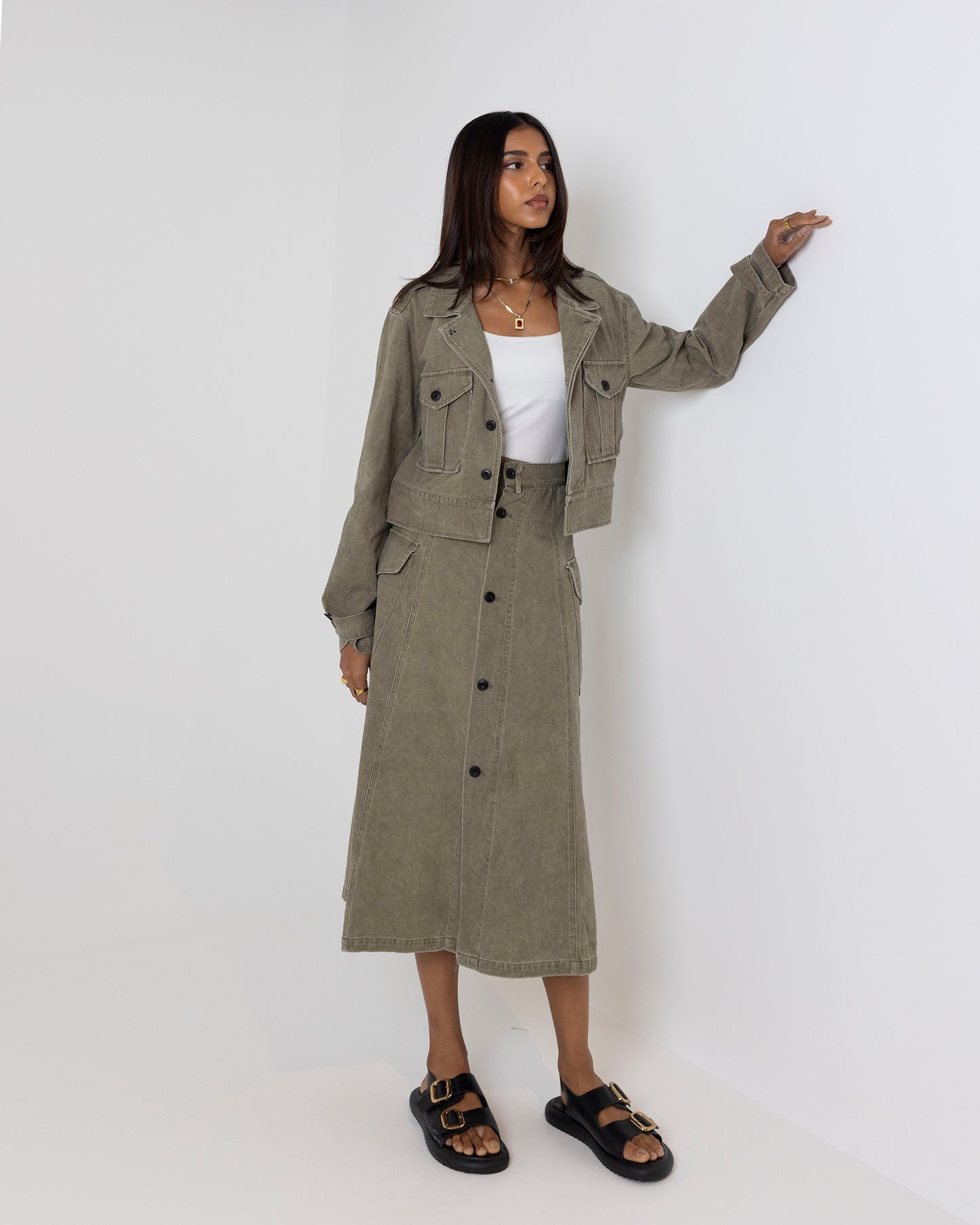 Denim Cargo Skirt Set