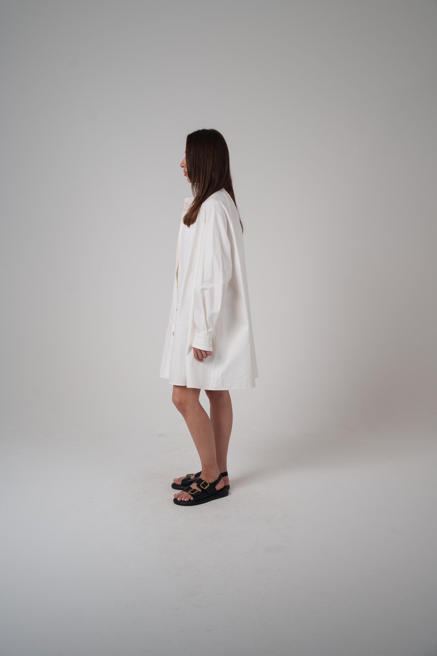 White Balloon-Sleeve Shirt Dress