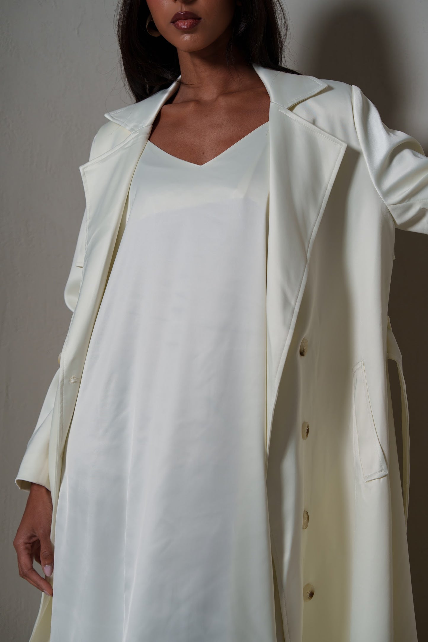 Crème Silk Long Blazer/Trench Set
