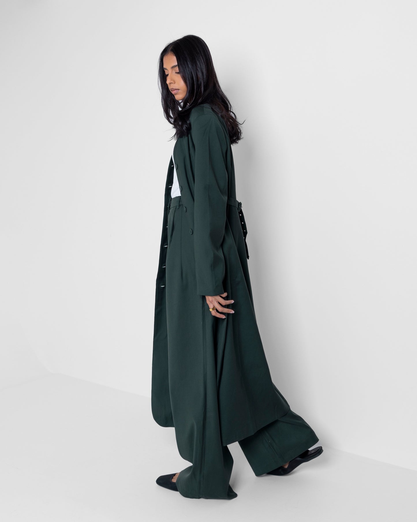 Dark Teal Long Jacket Set with Back Belt