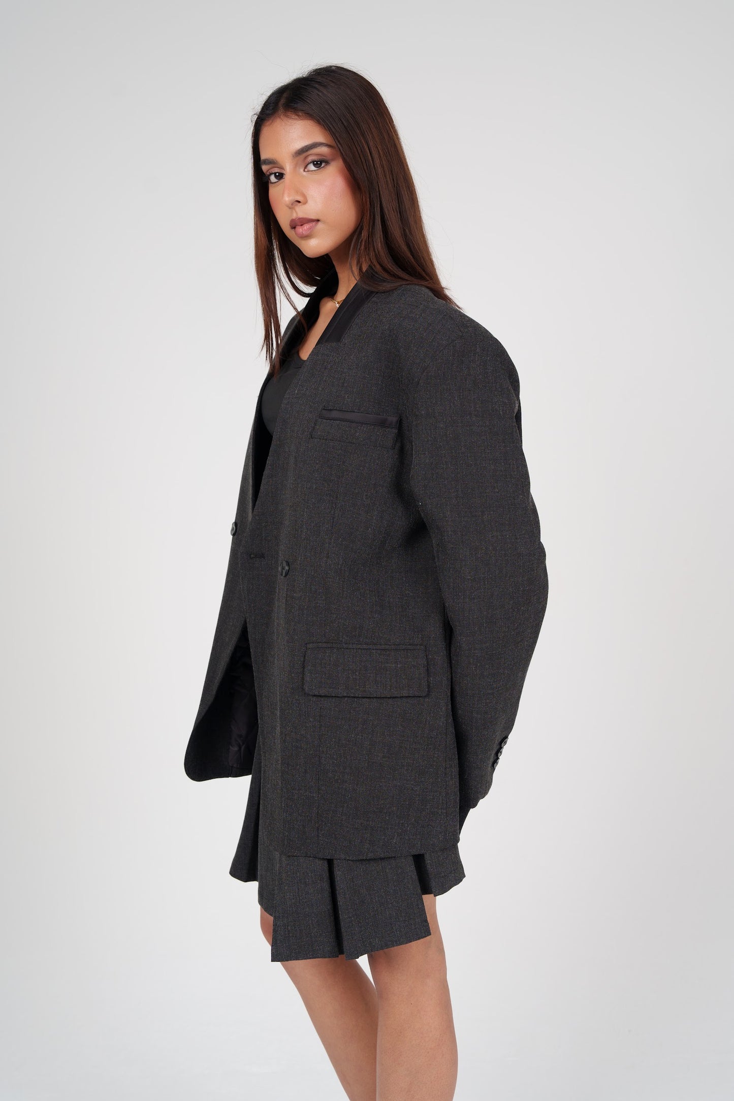 Dark Grey Pleated Skirt & Blazer Set