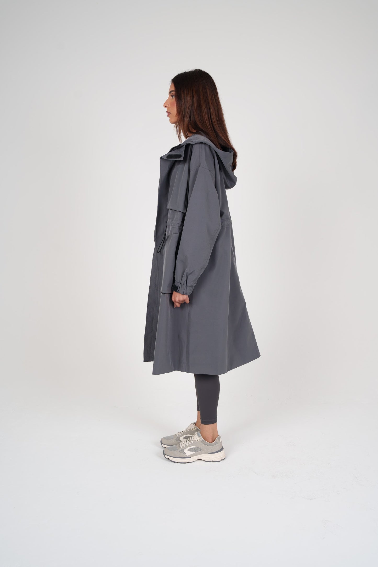 Long Grey Hooded Jacket with Pockets