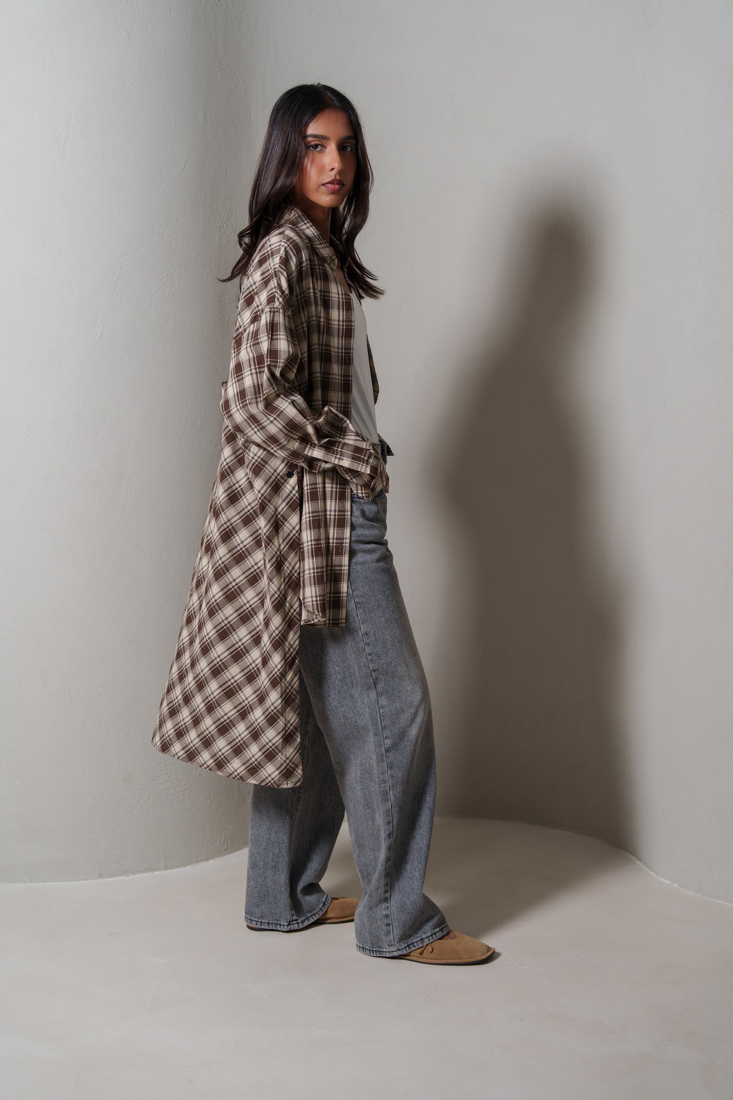 Brown Plaid Asymmetrical Shirt