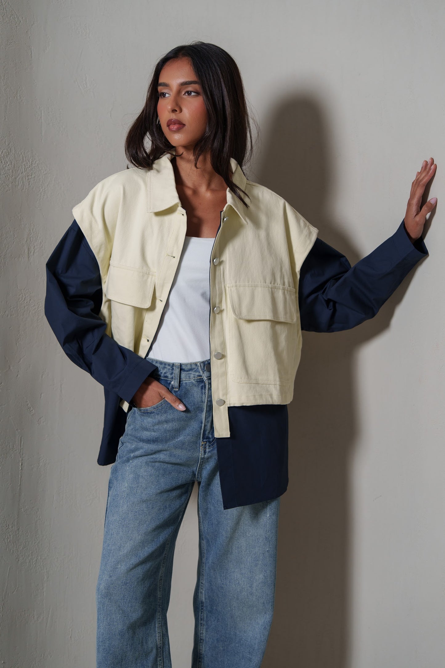 Navy & Pastel Yellow Colorblock Utility Jacket