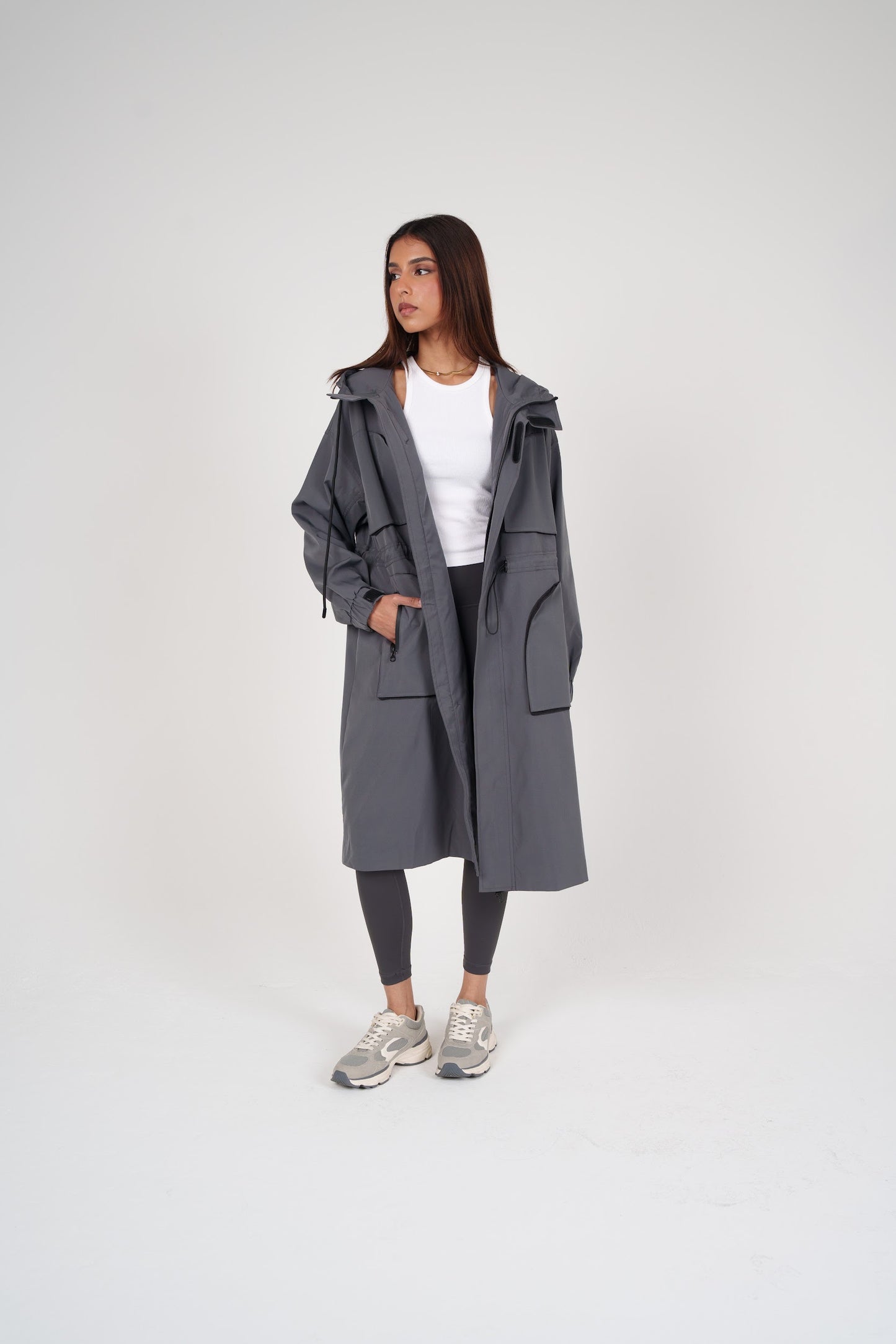 Long Grey Hooded Jacket with Pockets