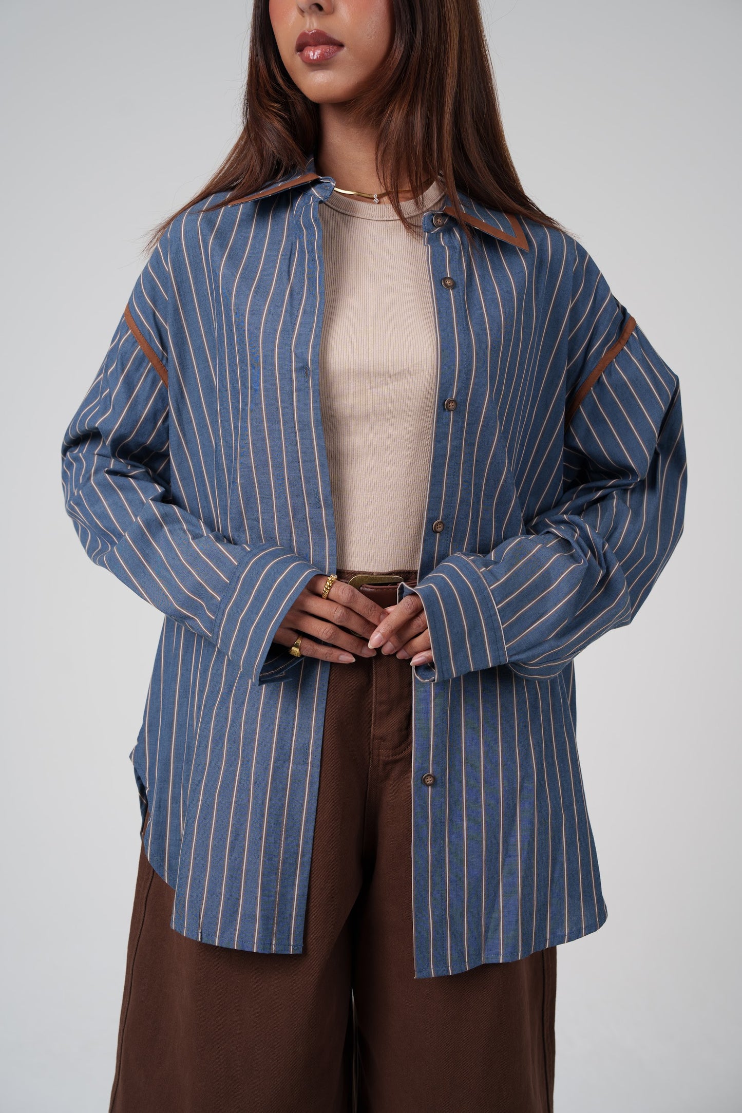 Brown & Navy Striped Collar Shirt