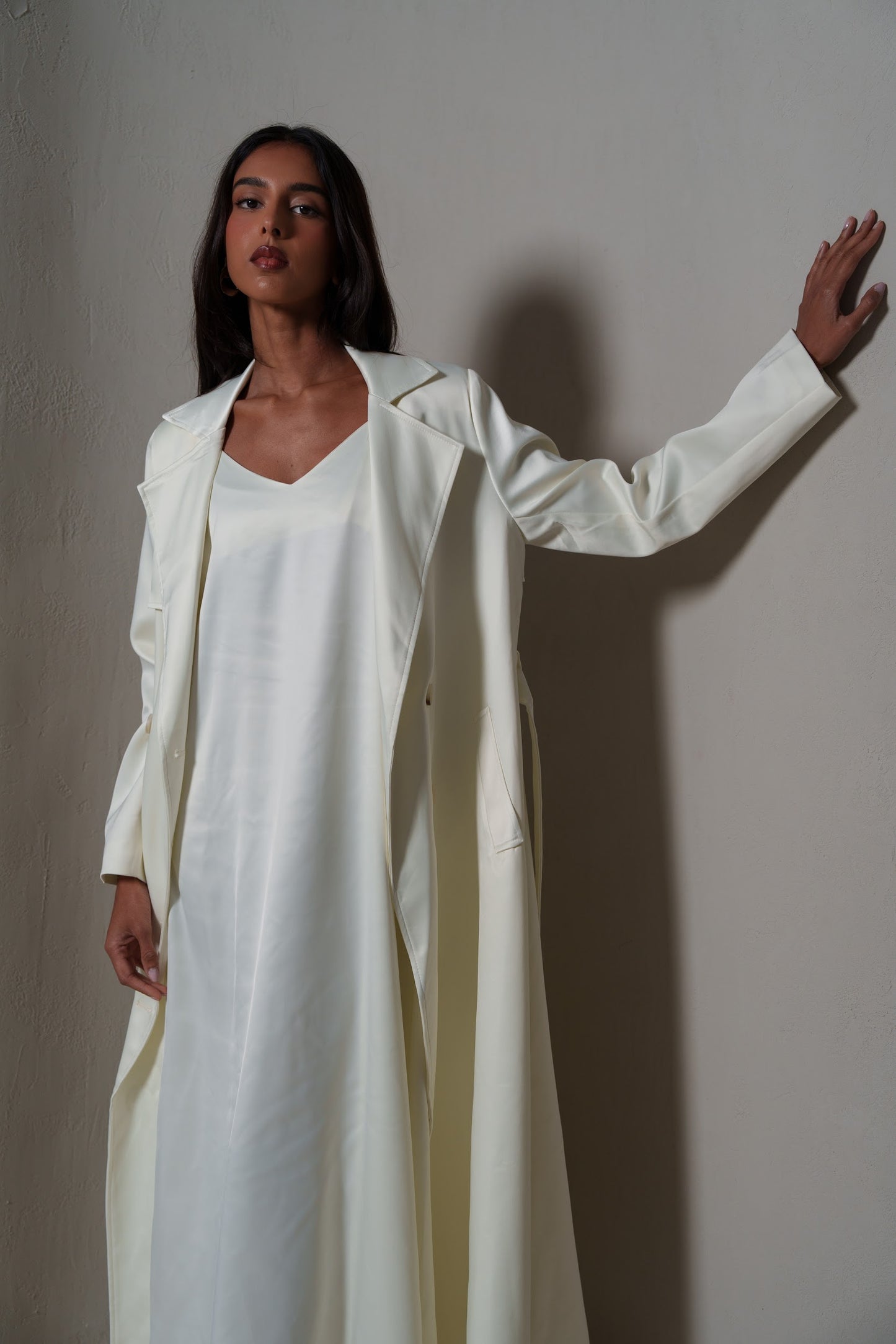 Crème Silk Long Blazer/Trench Set
