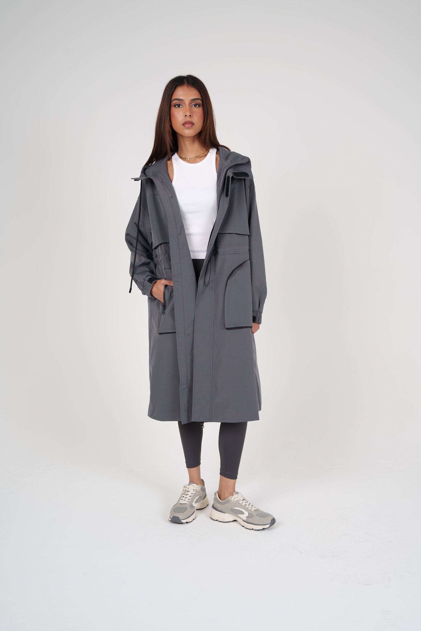 Long Grey Hooded Jacket with Pockets