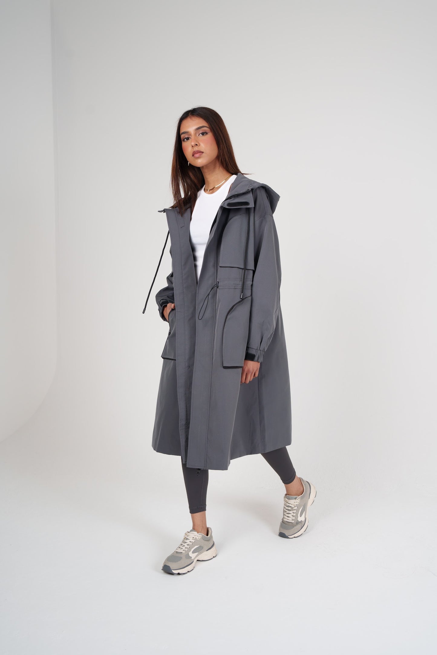 Long Grey Hooded Jacket with Pockets