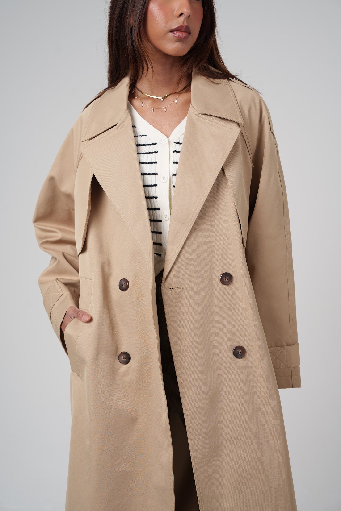 Beige Double Breasted Summer Trench
