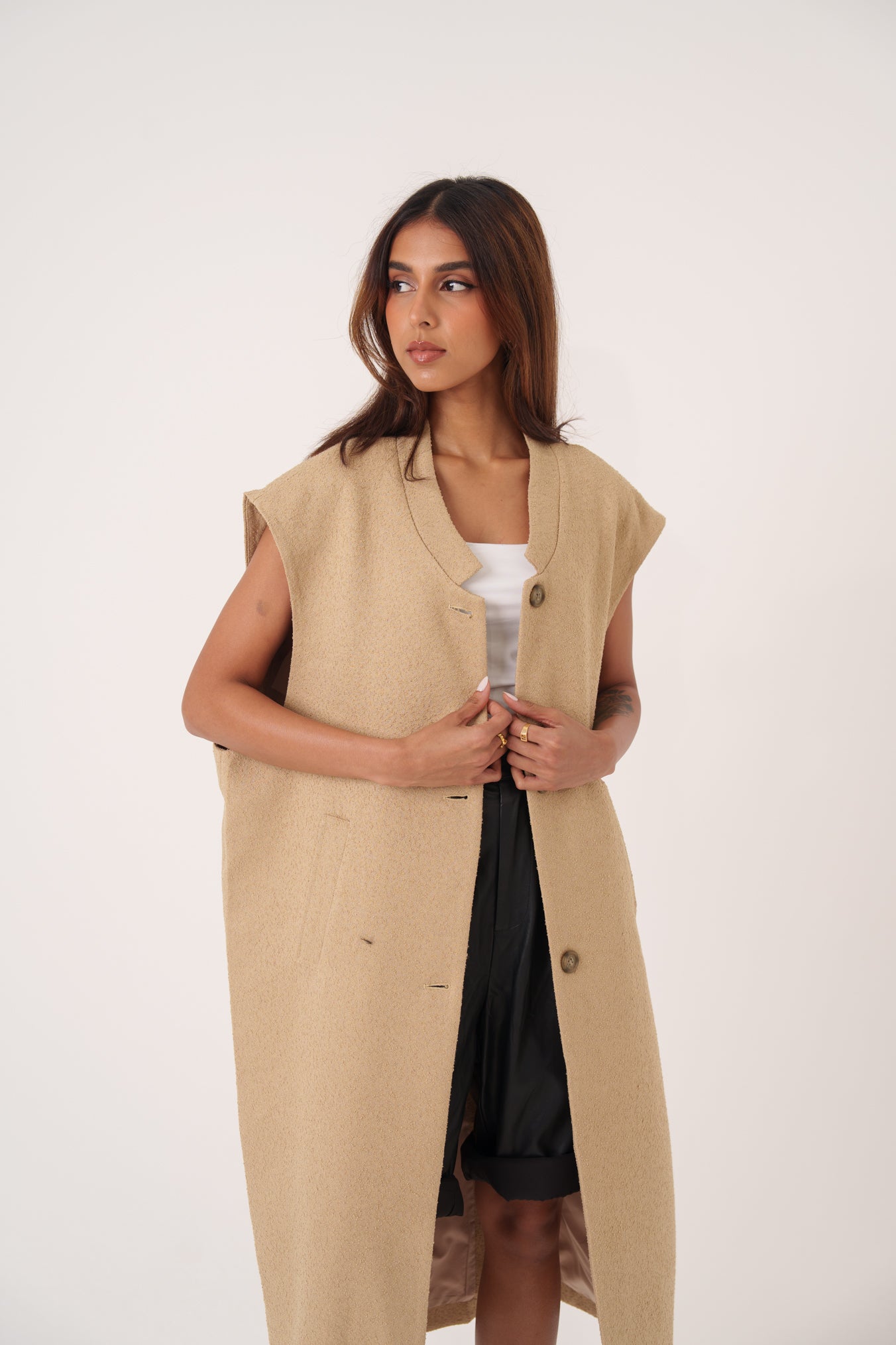 Beige Wool Oversized Long Vest