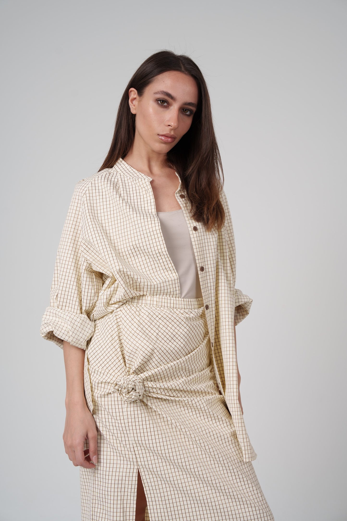 Checked Set (Skirt with Slit & Shirt)