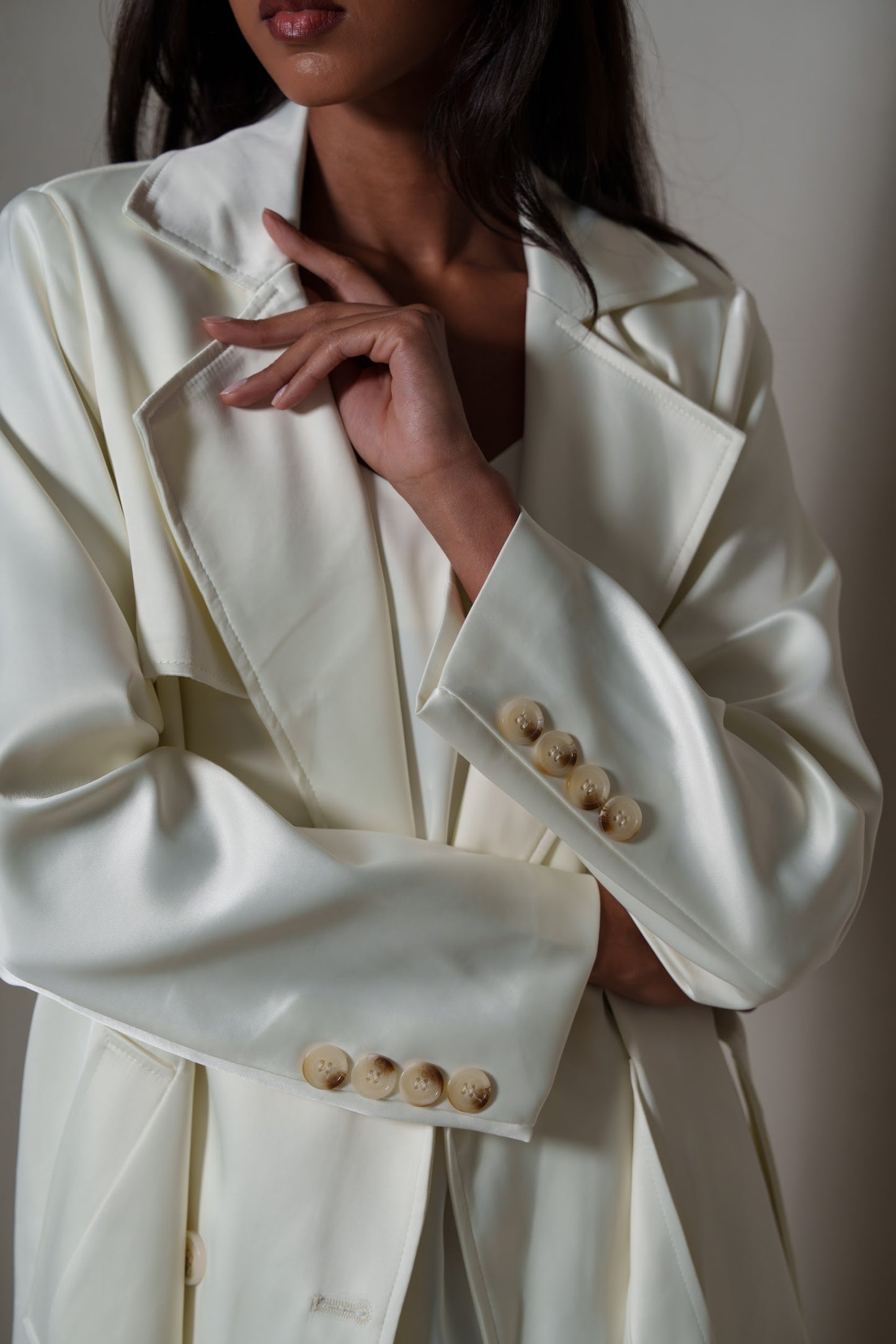 Crème Silk Long Blazer/Trench Set