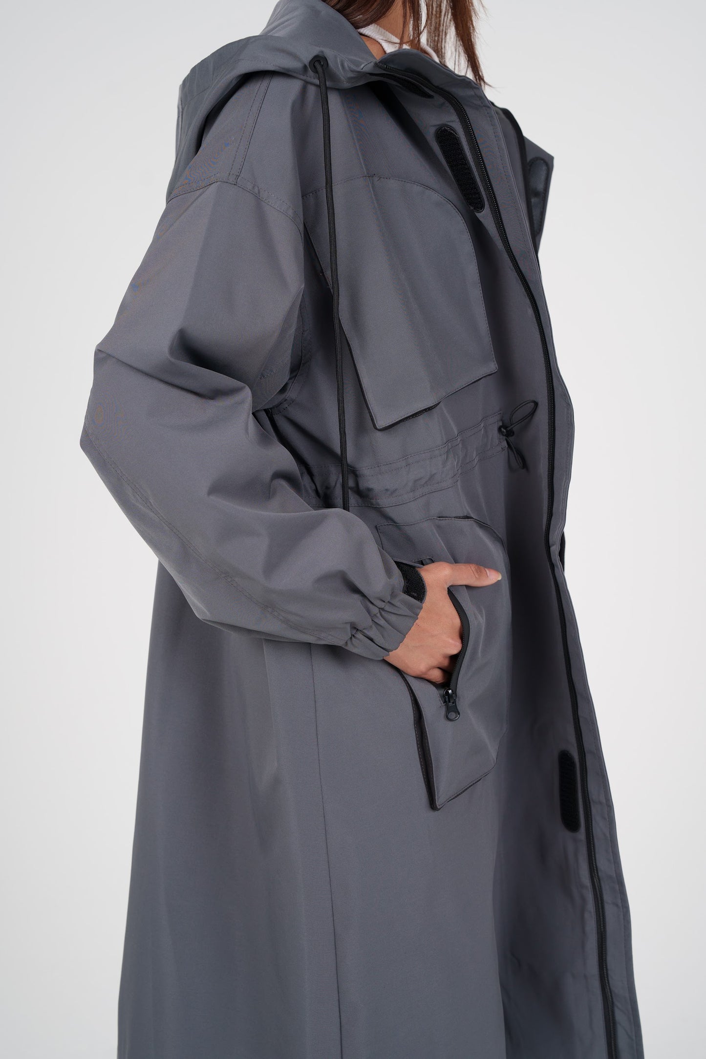 Long Grey Hooded Jacket with Pockets