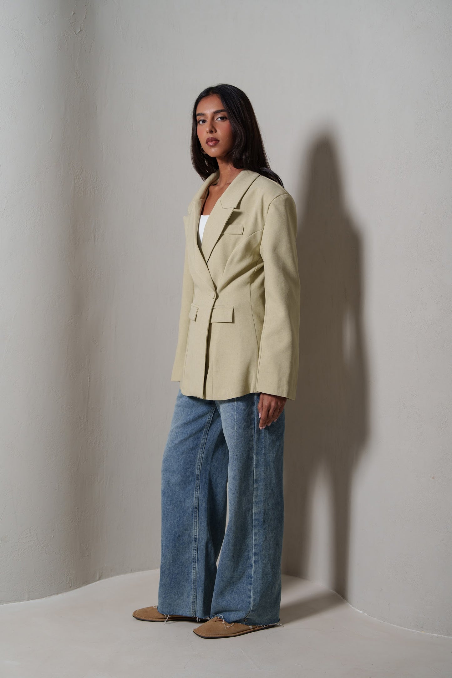 Beige Waisted Double Buttoned Blazer