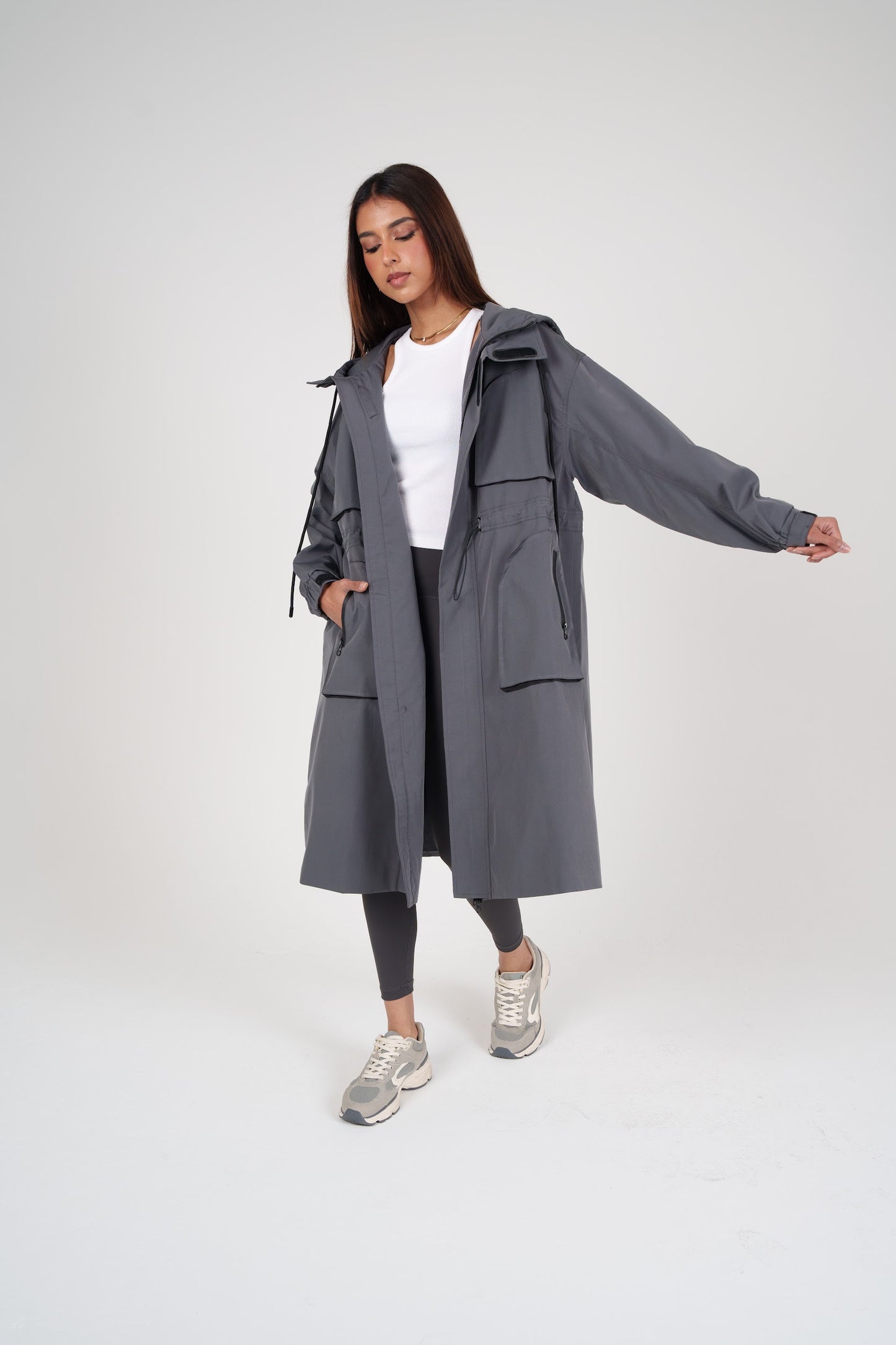 Long Grey Hooded Jacket with Pockets