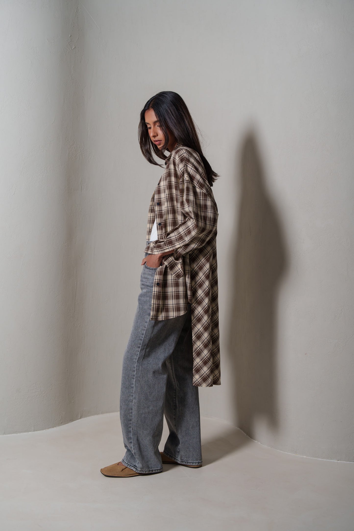 Brown Plaid Asymmetrical Shirt