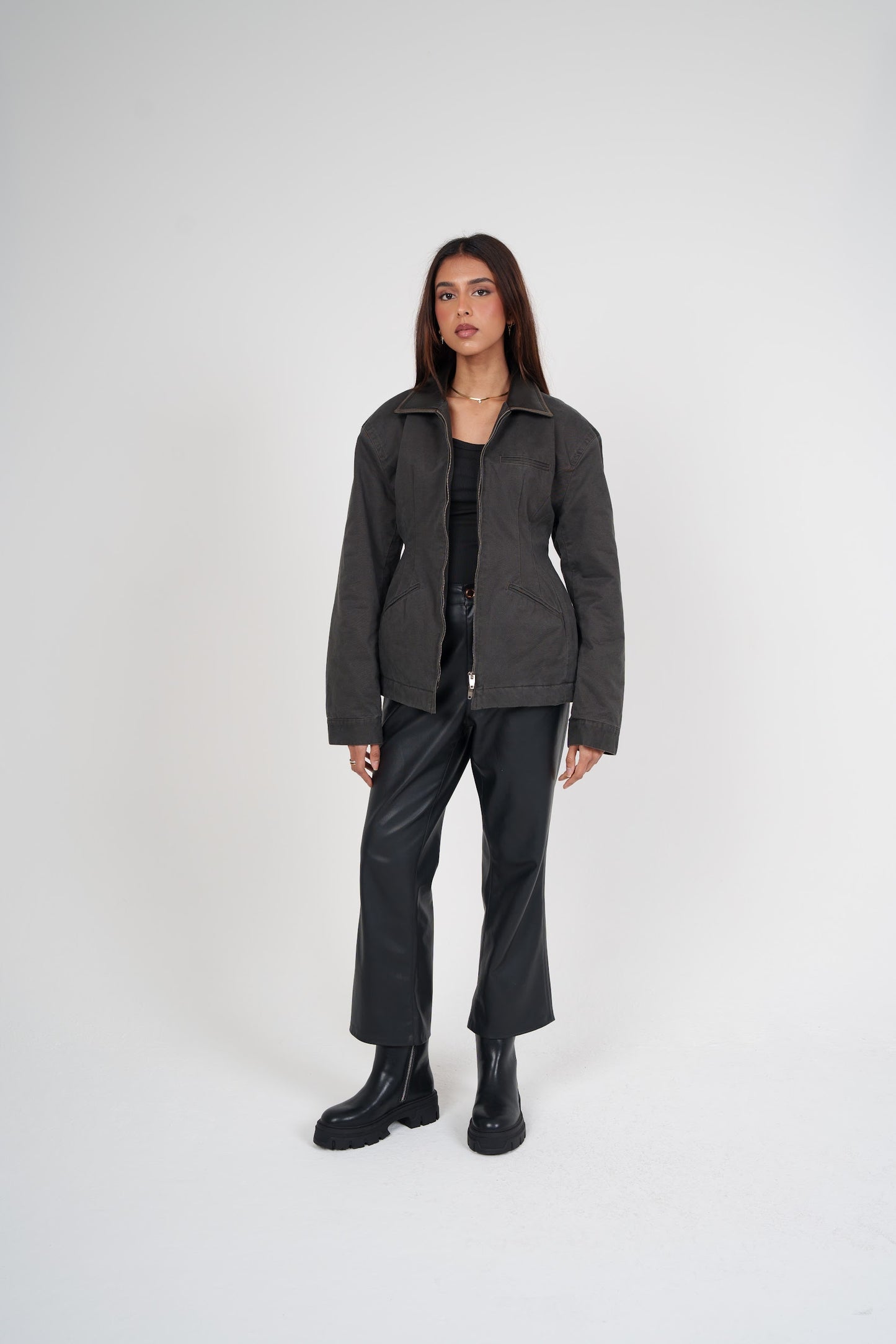 Double Zipper Cinched Denim Jacket