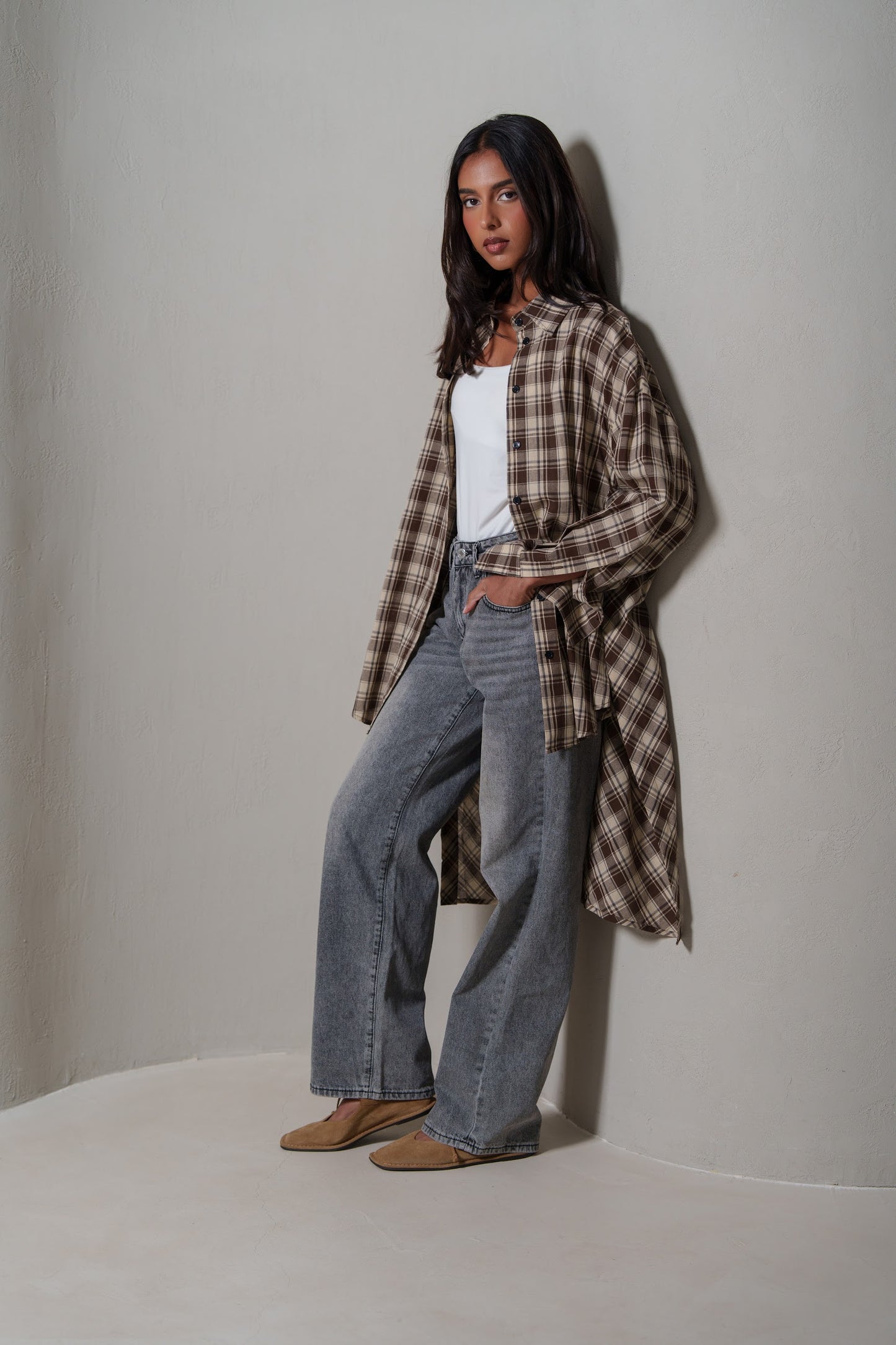 Brown Plaid Asymmetrical Shirt