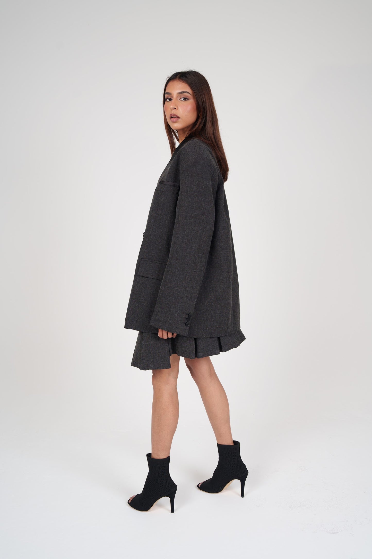 Dark Grey Pleated Skirt & Blazer Set